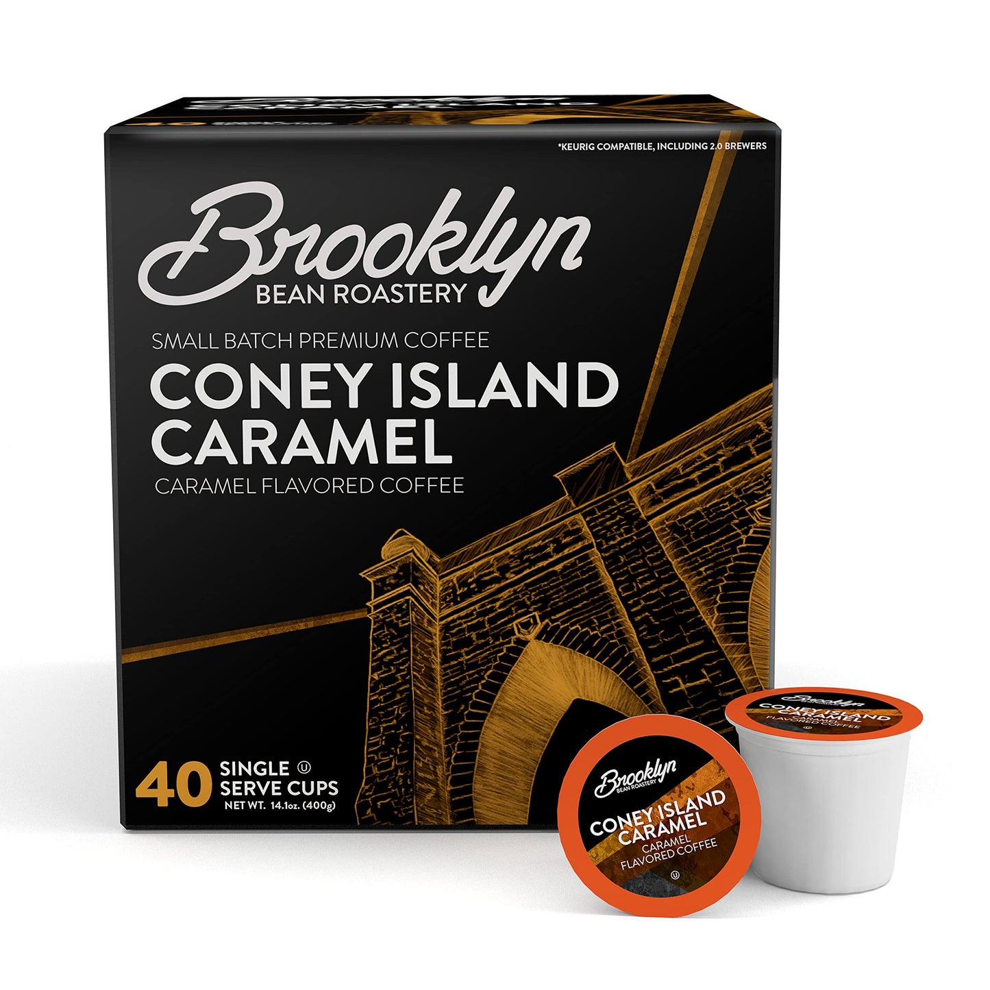 Brooklyn Beans Gourmet Coffee Pods, Coney Island Caramel, Compatible with 2.0 Keurig K Cup Brewers, 40 Count