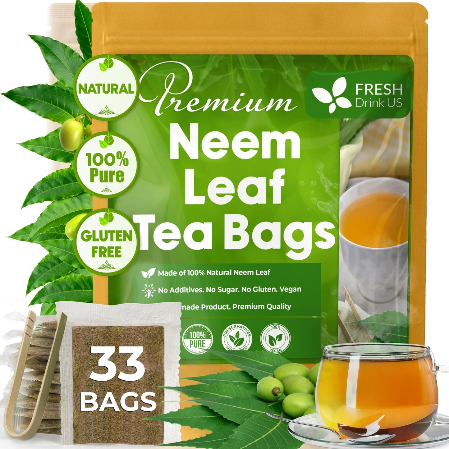 Freshdrinkus, Enhanced 33 Neem Leaf Tea Bags, 100% Natural And Pure From Neem Leaves. Herbal Tea. No Sugar, No Caffeine, No Gluten, Vegan.