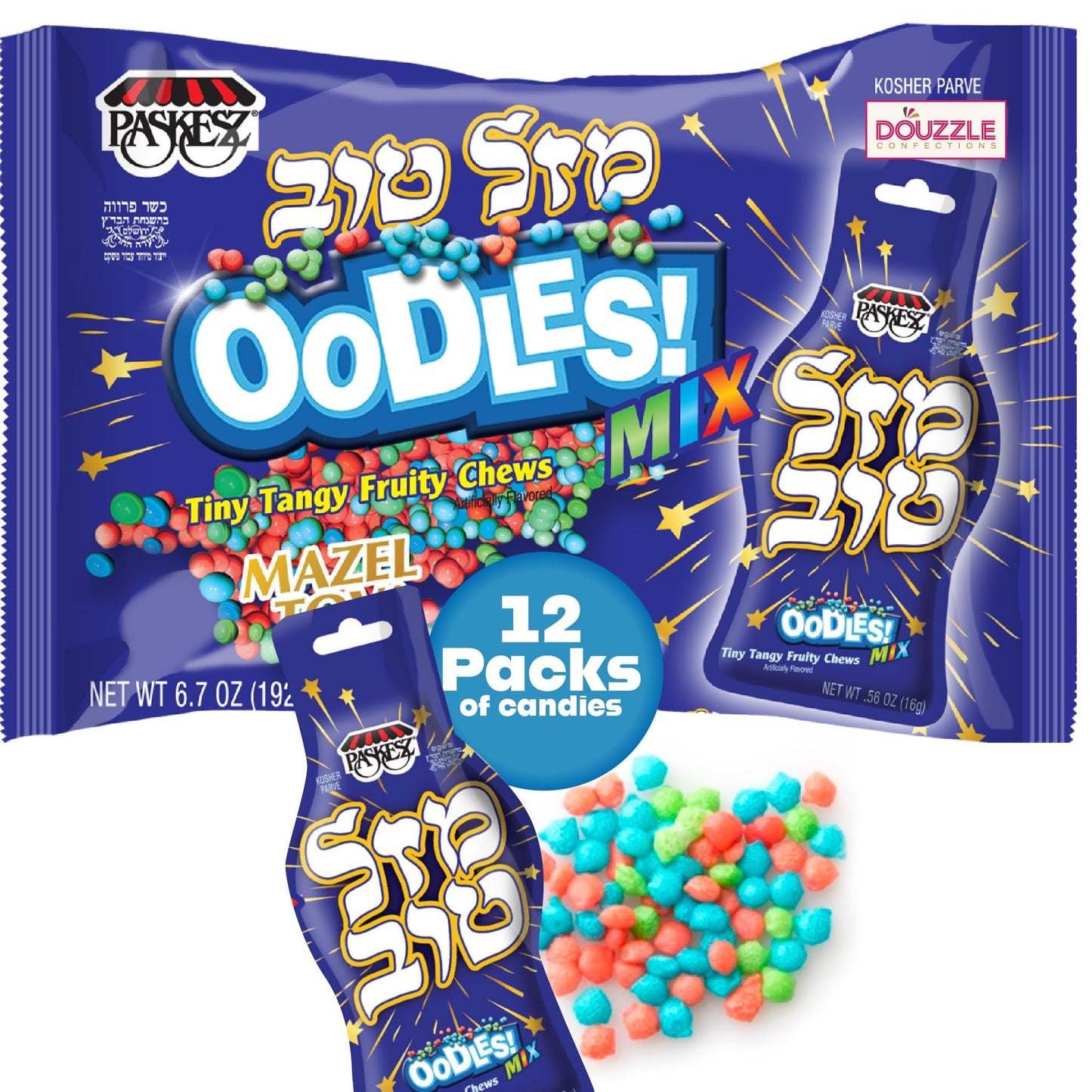 DOUzzle Back To School Oodles Mazal Tov Blue Tiny Tangy Fruity Chews Mix (12 Count, 1 Pack) Individually Wrapped, Party Favor, G