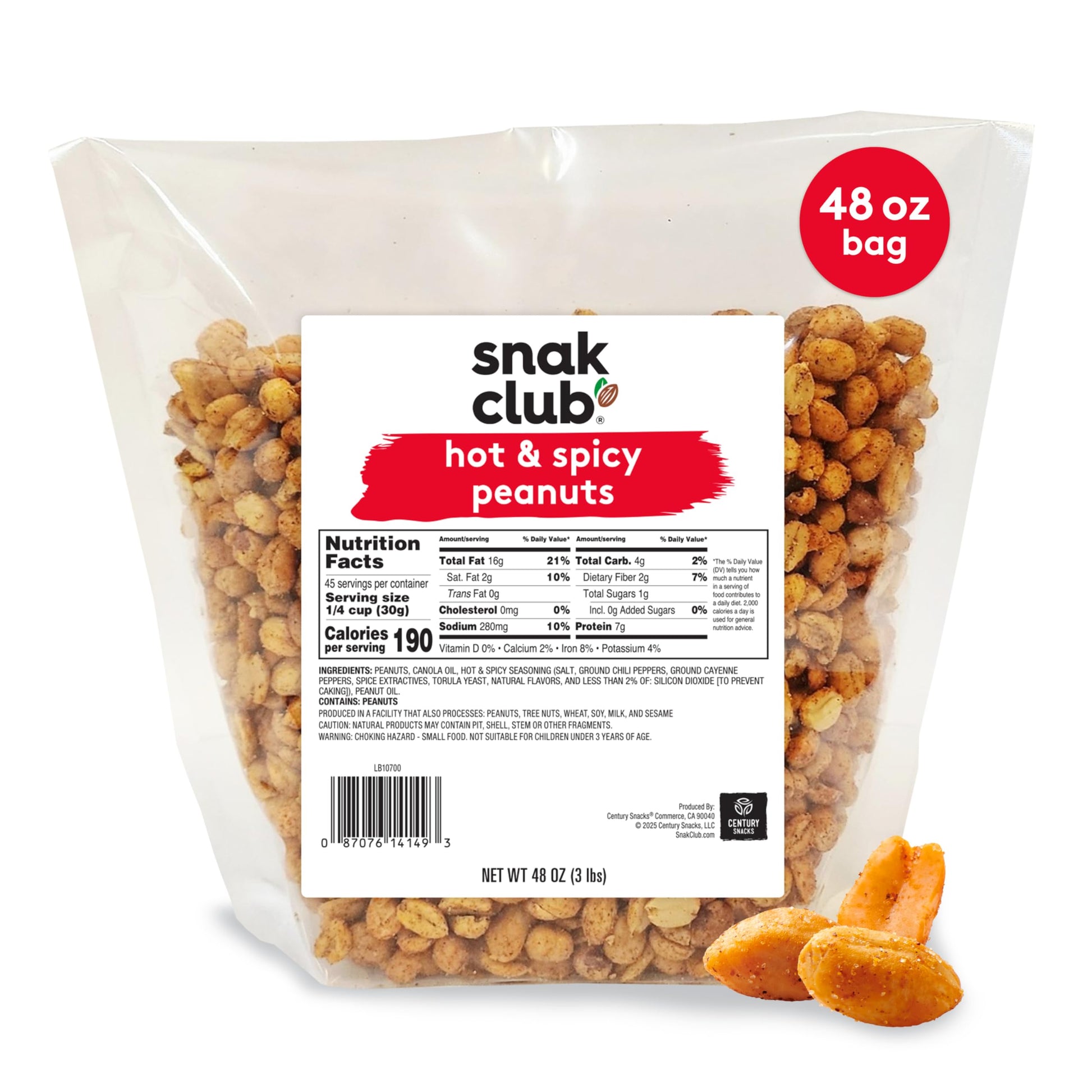 Snak Club Hot and Spicy Peanuts, Chili and Cayenne Pepper Seasoned Nuts, Gluten-Free and Kosher Snack, 3 lb Bulk Bag