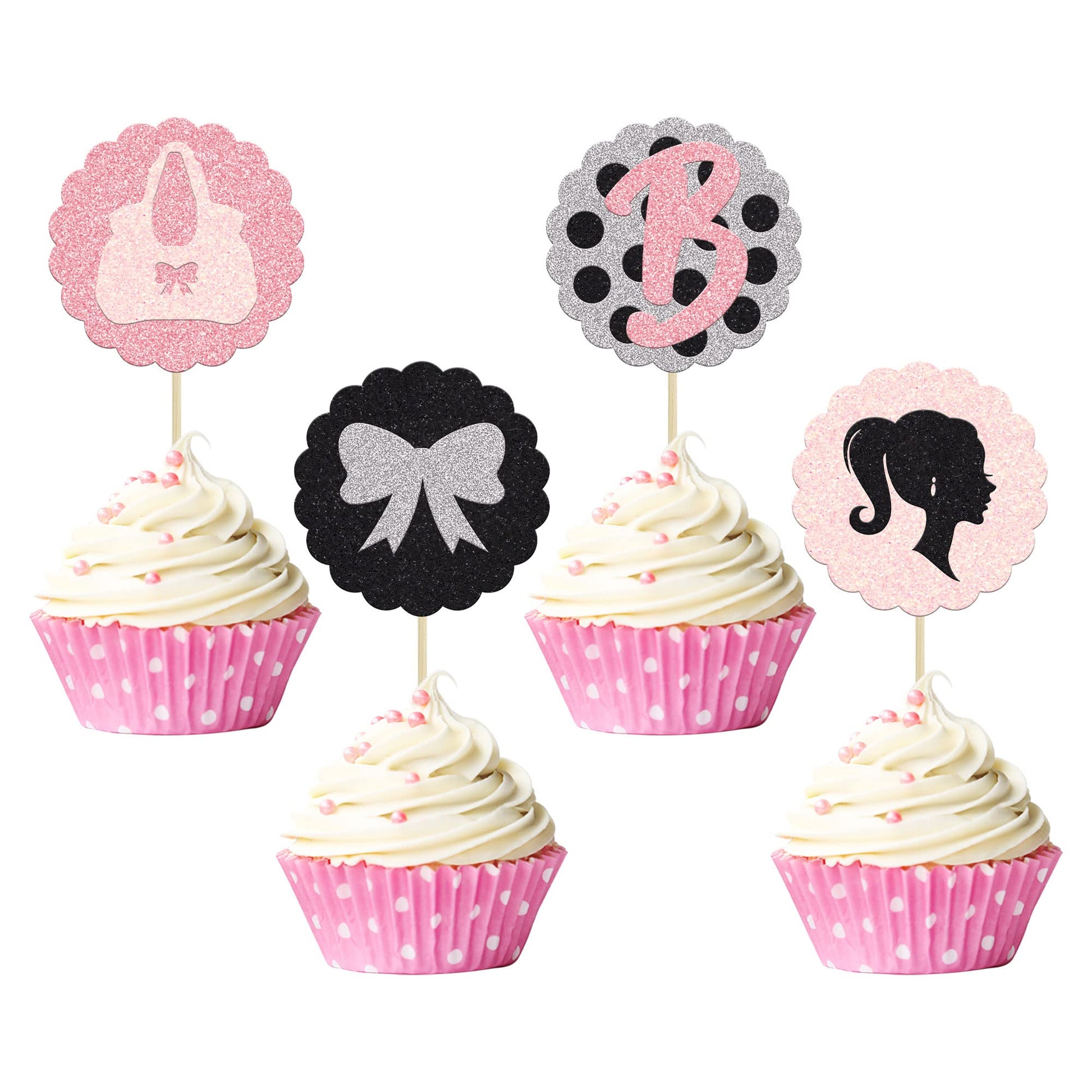 Gyufise 24Pcs Girl Cupcake Toppers Girl Bowknot Polka Dot Bag Cake Decorations Girl Toothpicks For Wedding Bridal Shower Decorat