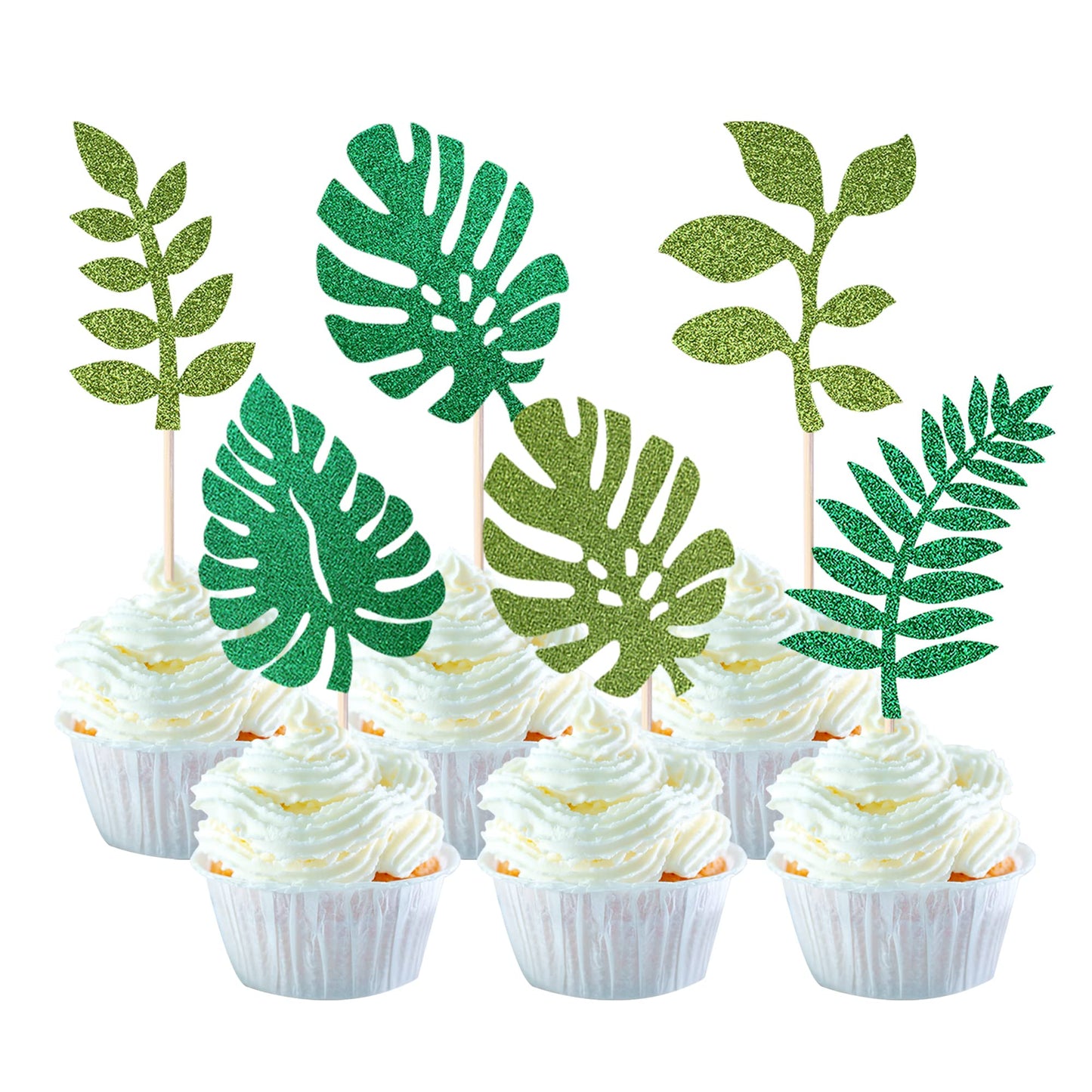 YCTHUNFISH 24 Pack Cupcake Toppers, Tropical Palm Leaves, Glitter Green, Bamboo, Hawaiian Theme Decorations for Parties