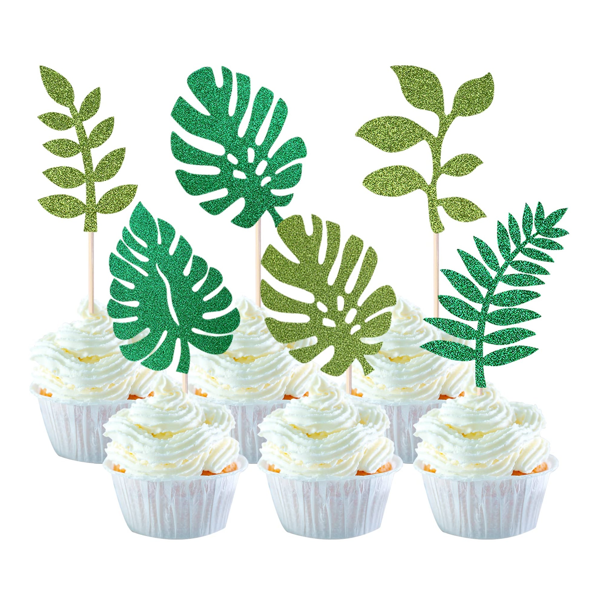 YCTHUNFISH 24 Pack Cupcake Toppers, Tropical Palm Leaves, Glitter Green, Bamboo, Hawaiian Theme Decorations for Parties