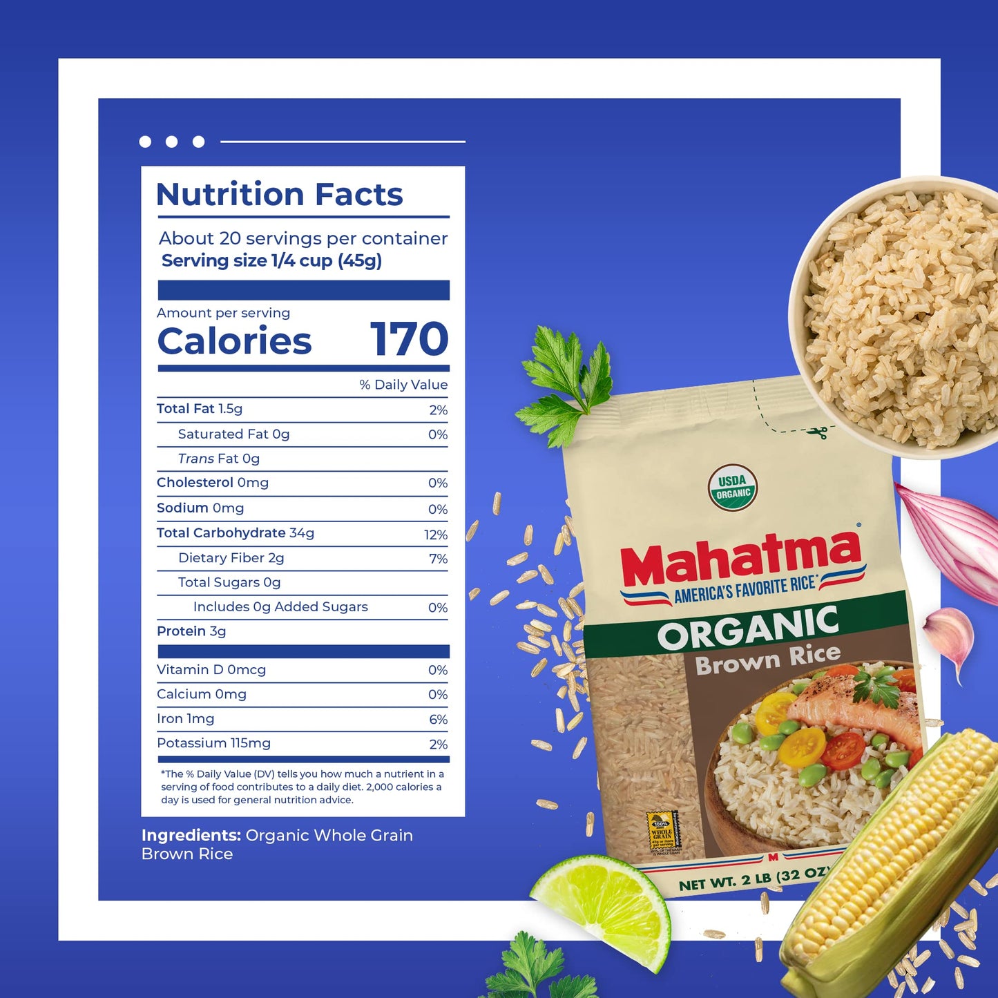 Mahatma Organic Brown Rice, 2-Pound Bag of Rice, Microwave Rice in 20 Minutes or Cook on Stovetop in 1 Hour (Pack of 5)