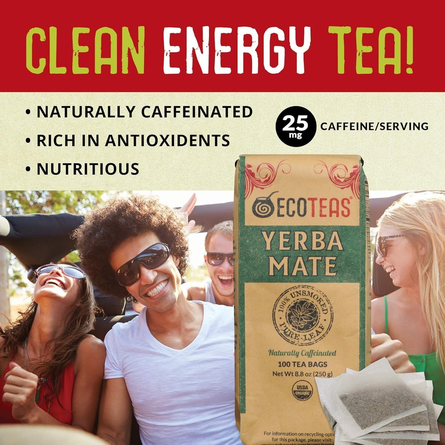 ECOTEAS Yerba Mate Tea Bags - Organic Unsmoked Detox Tea - 100 Bags, 8.8 oz (2 Pack)