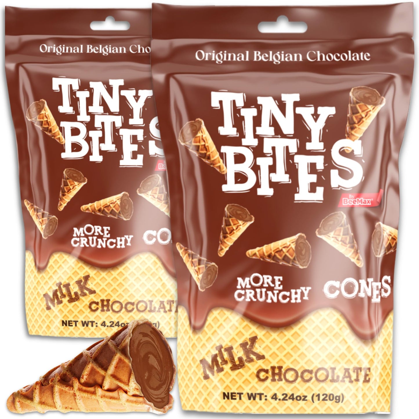 BEEMAX Tiny Bites Crispy Mini Waffle Cones Treats - Milk Chocolate, 4.24 oz Bag (Pack of 2) - Perfect for Snacks, Desserts, Ice Cream