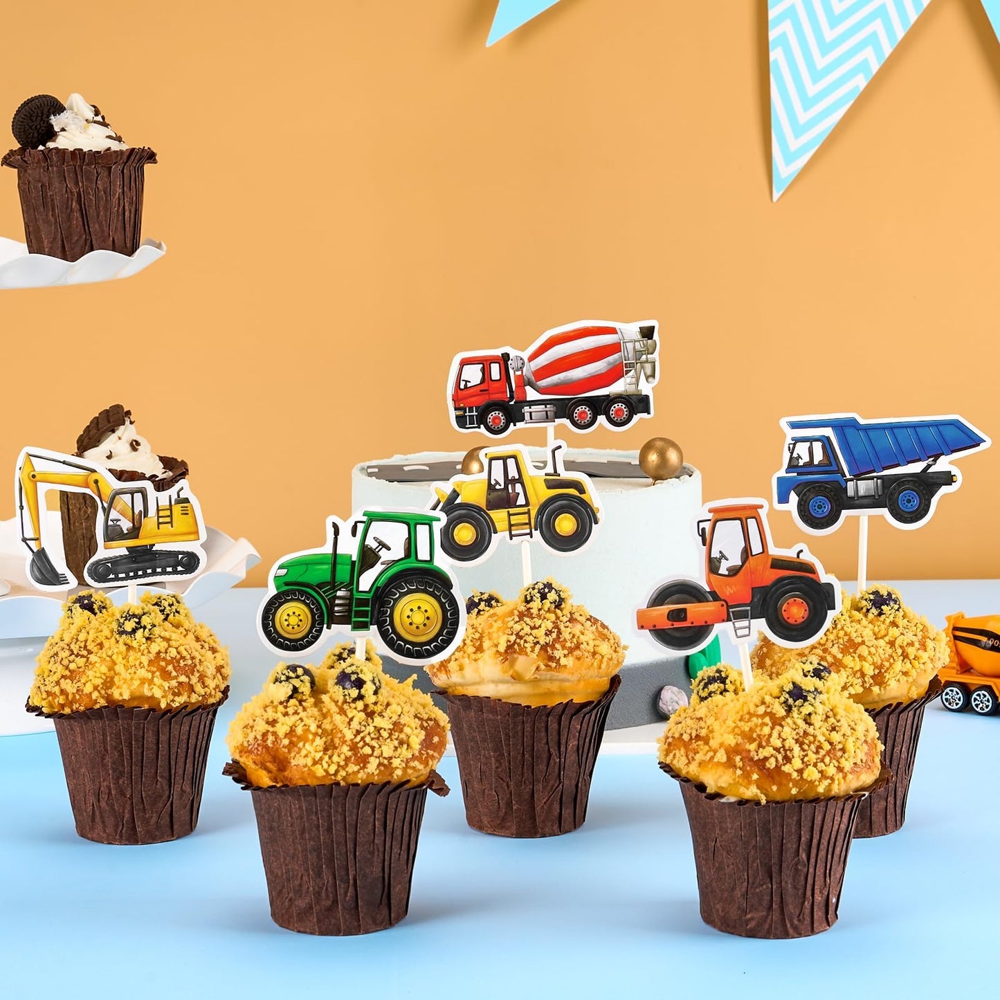 Wernnsai Construction Cupcake Topper - Construction Zone Birthday Party Supplies 40 Pcs Dump Truck Excavator Tractor Cake Food P