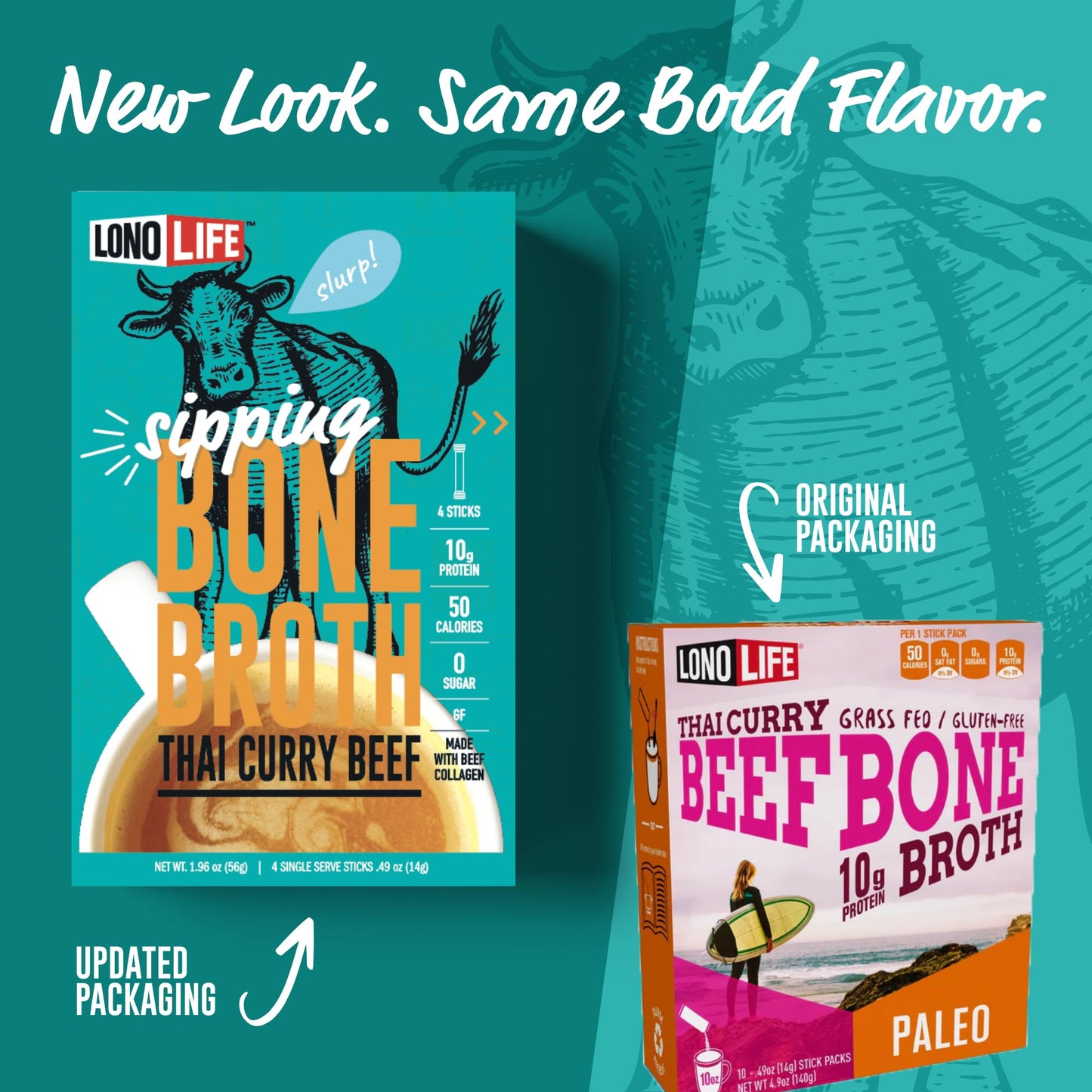 LonoLife Thai Curry Beef Bone Broth Powder Mix, 10g Protein, Collagen-Rich, 24 Stick Pack Servings, Keto & Paleo Friendly