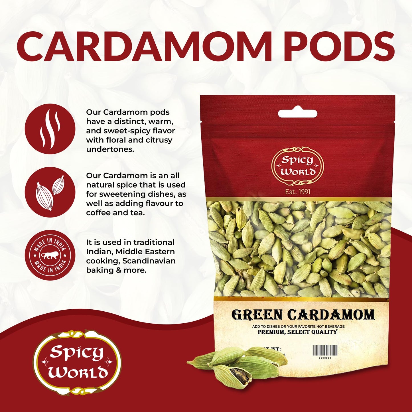 Spicy World Green Cardamom Pods 3.5 Oz - As Seen On Tik Tok - Premium Quality Whole Green Cardamom Pods | Vegan | Large | Aromatic Cardamon