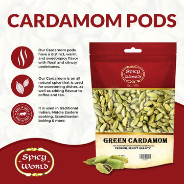 Spicy World Green Cardamom Pods 3.5 Oz - As Seen On Tik Tok - Premium Quality Whole Green Cardamom Pods | Vegan | Large | Aromatic Cardamon