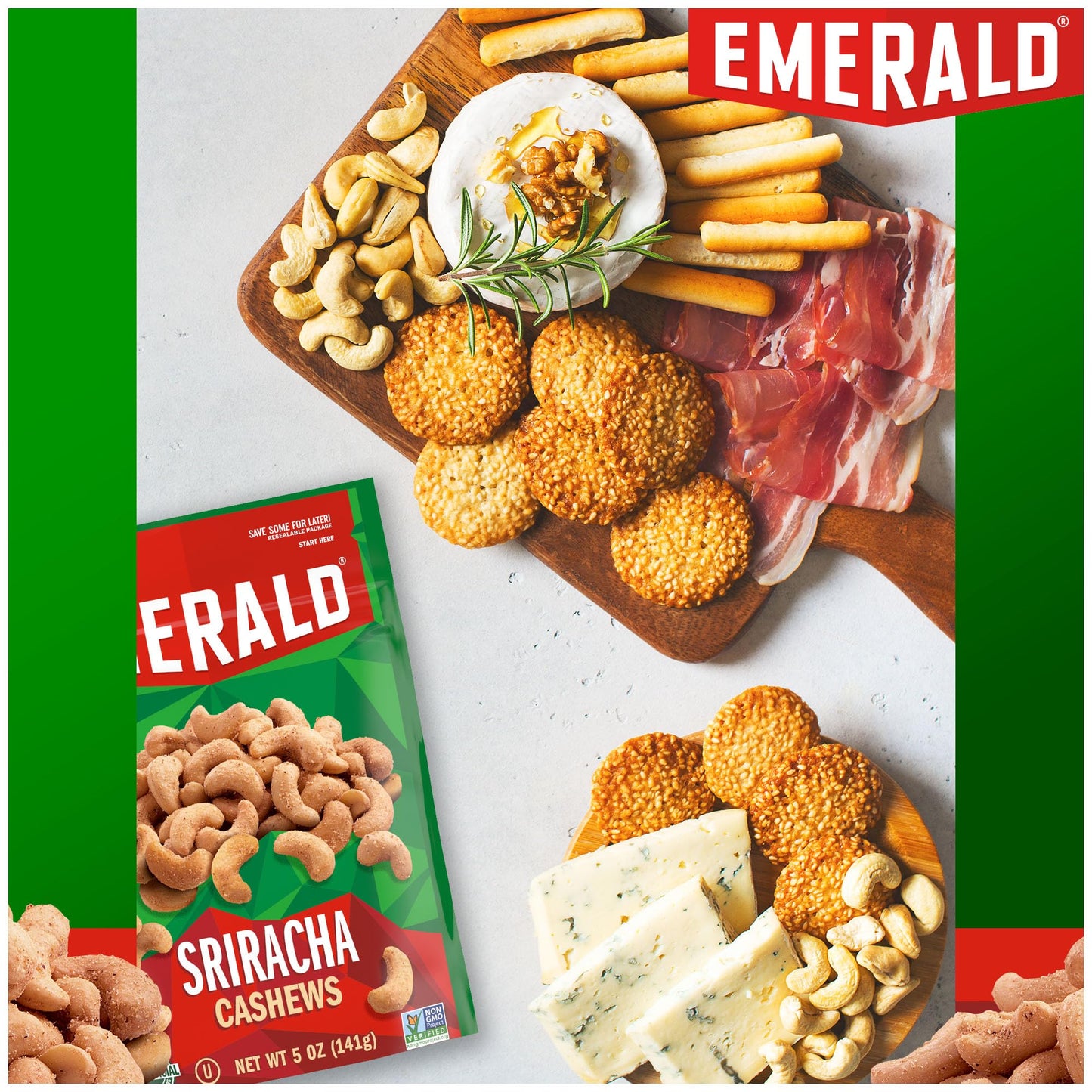 Emerald Nuts Sriracha Seasoned Cashews (1-Pack) | 5 Oz Resealable Bag | Kosher Certified, Non-Gmo, Contains No Artificial Preservatives, Flavors Or Synthetic Colors