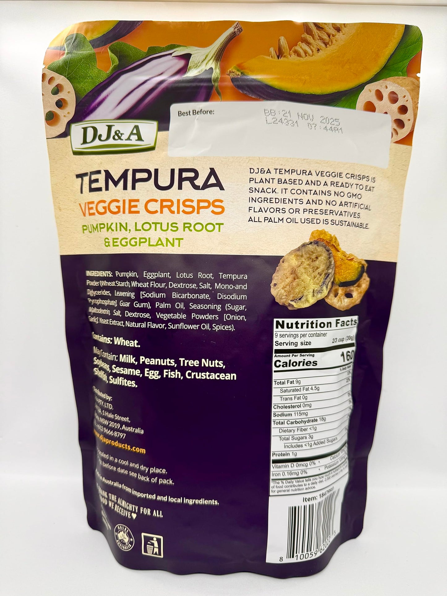 Tempura Veggie Crisps By Dj&A, Crafted From Pumpkin, Lotus Root & Eggplant, No Gmo, No Artificial Flavors Or Preservatives, 270G