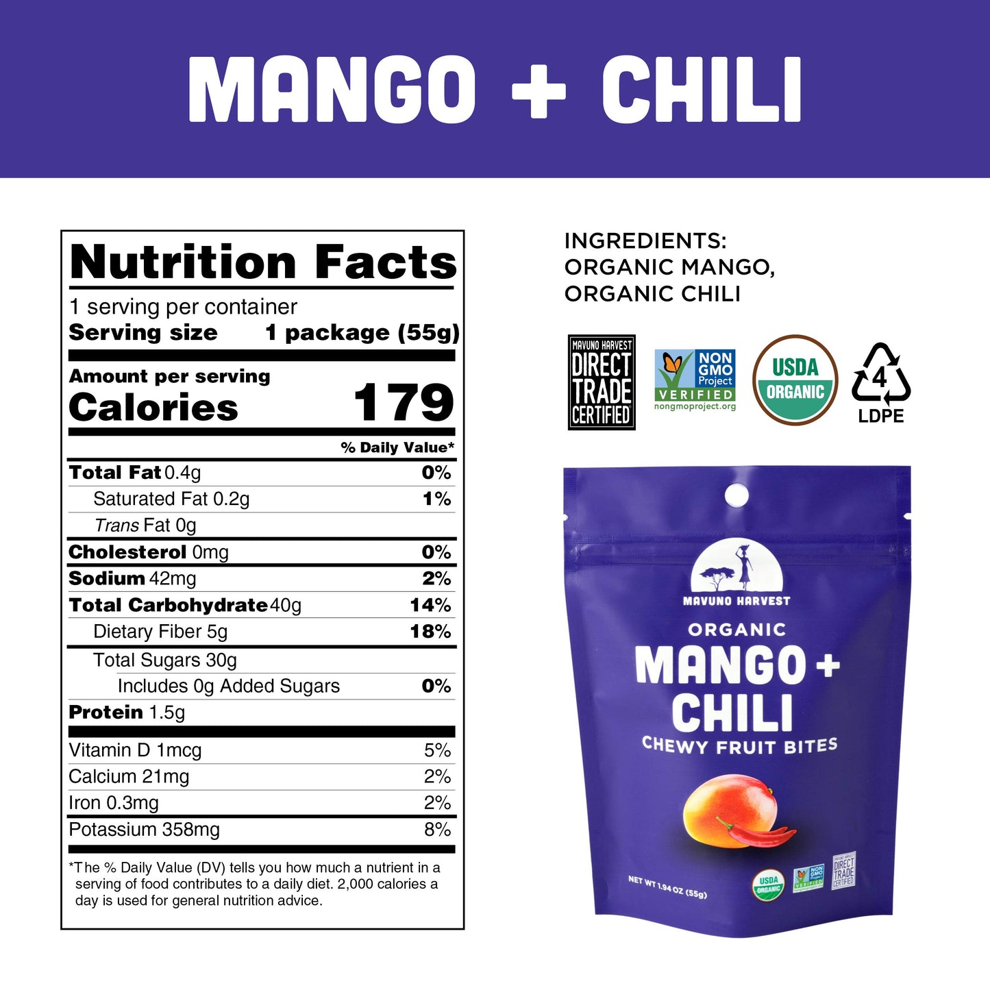 Mavuno Harvest Organic Fruit Snacks - Chewy Fruit Bites - Mango & Chili - 1.94 oz (Pack of 3) - Non-GMO, No Preservatives