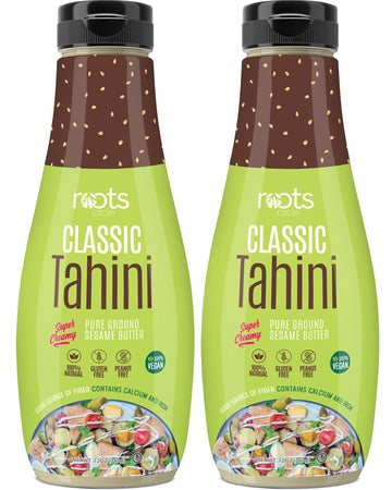 Roots Squeezable Classic Creamy Sesame Tahini | 2 Pack 12Oz Plant-Based Ready Tahini Paste For Salad Dressing And Hummus | Certi
