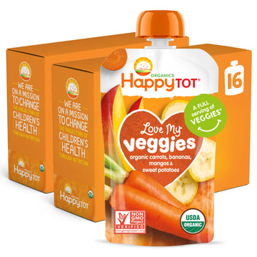 Happy Tot Organics Stage 4 Baby Food Pouches, Gluten Free, Vegan Snack, Love My Veggies, Fruit & Veggie Puree, Carrott, Banana, 