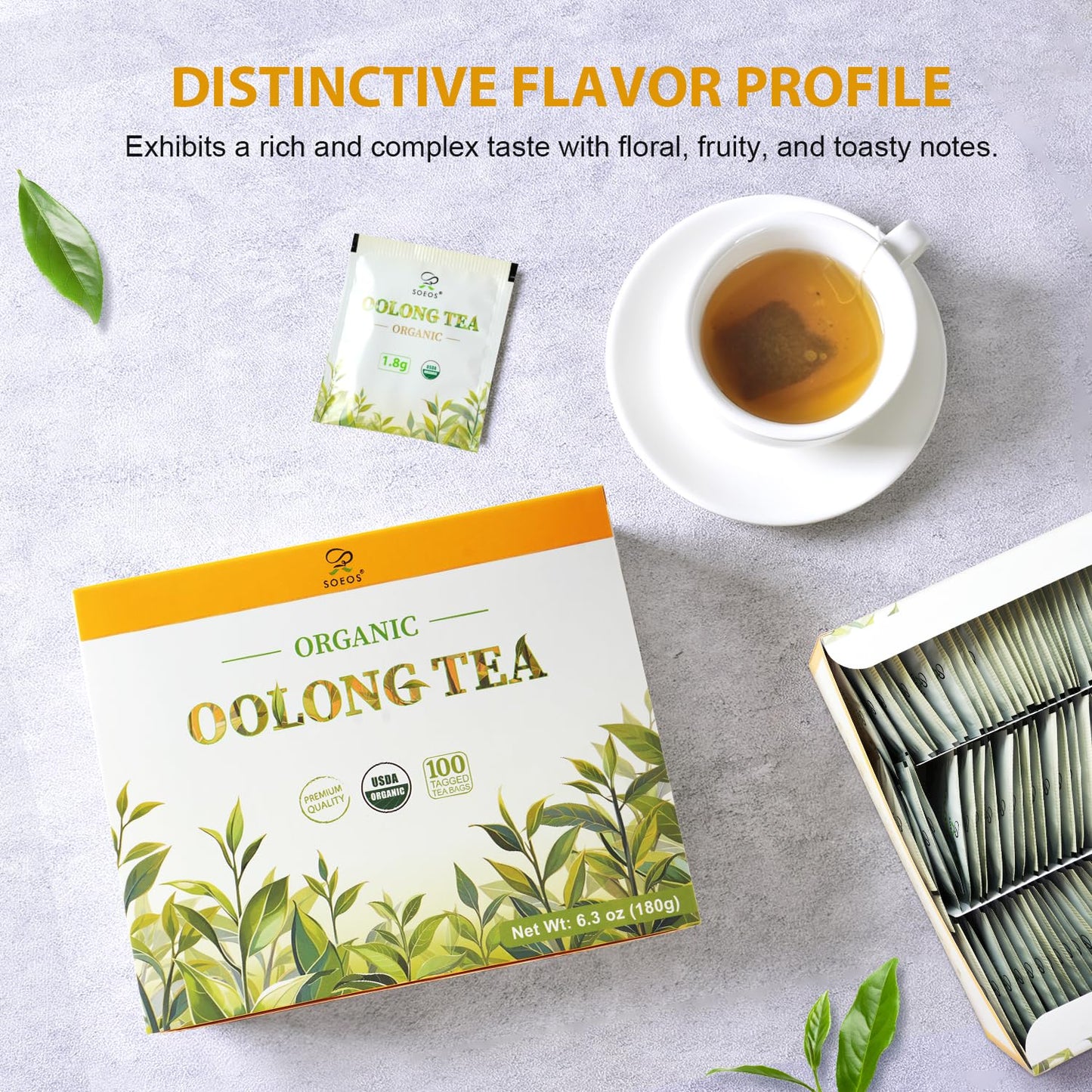 Soeos Organic Oolong Tea  100 Tea Bags  Low Caffeine  6.3 Ounce  Hot and Cold Brew  Fresh and Healthy Oolong Tea