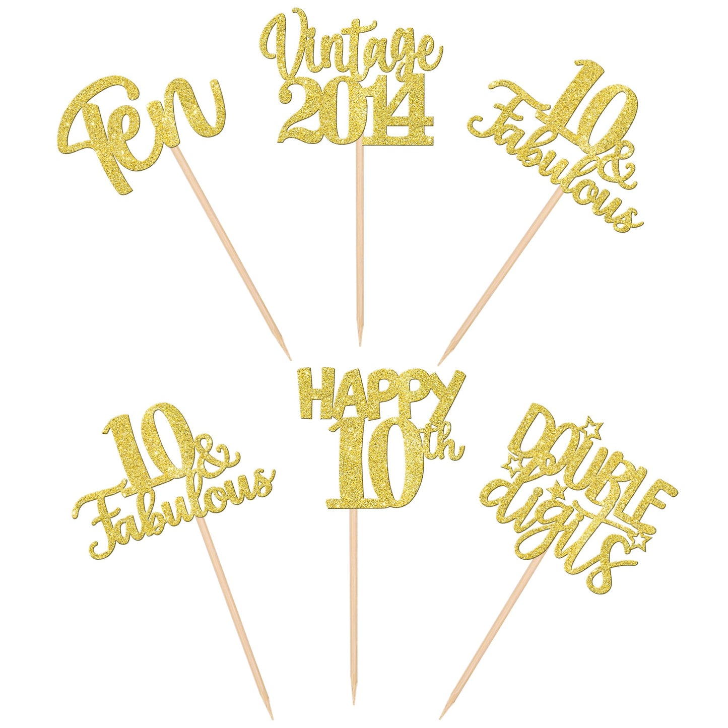 30Pcs Happy 10Th Birthday Cupcake Toppers Glitter Ten 10 Fabulous Vintage 2014 Cupcake Picks Cheers To 10 Years For 10Th Birthda