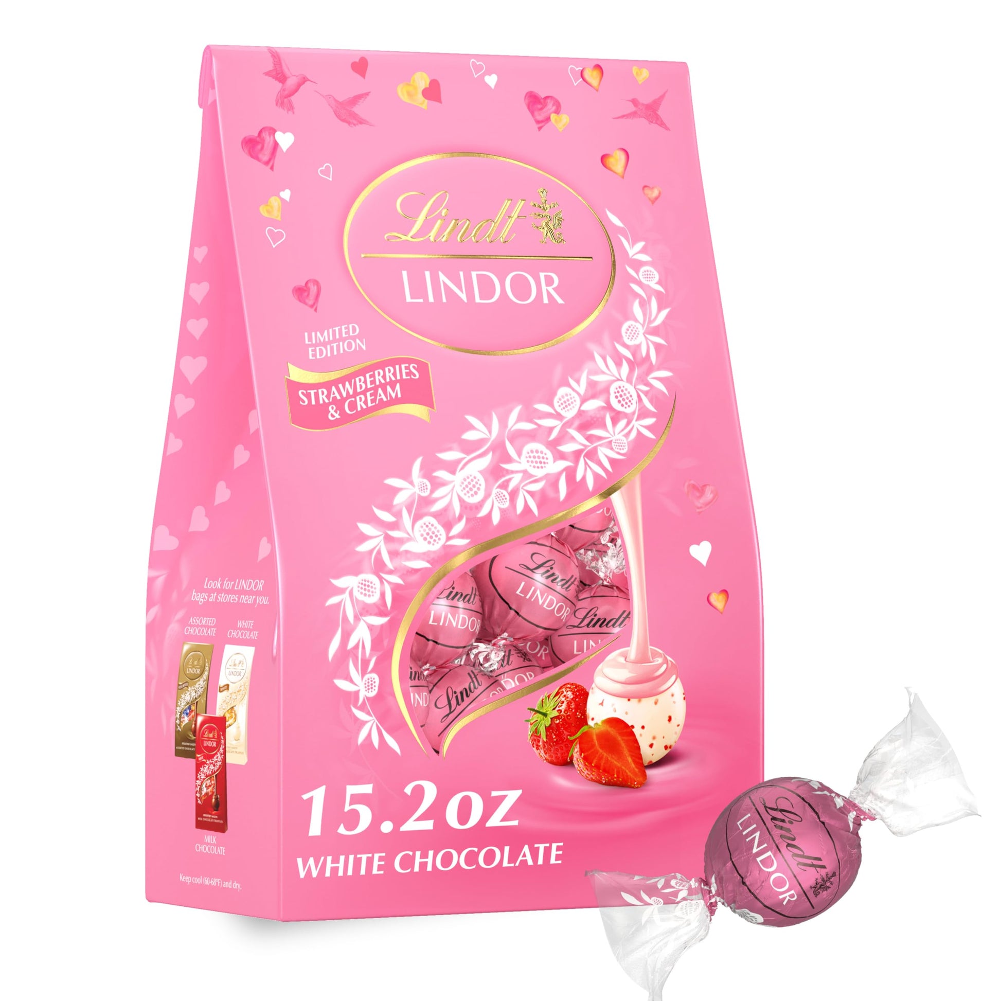 Lindt Valentine Lindor Strawberries & Cream Bag, Strawberries & Cream, 15.2 Ounce