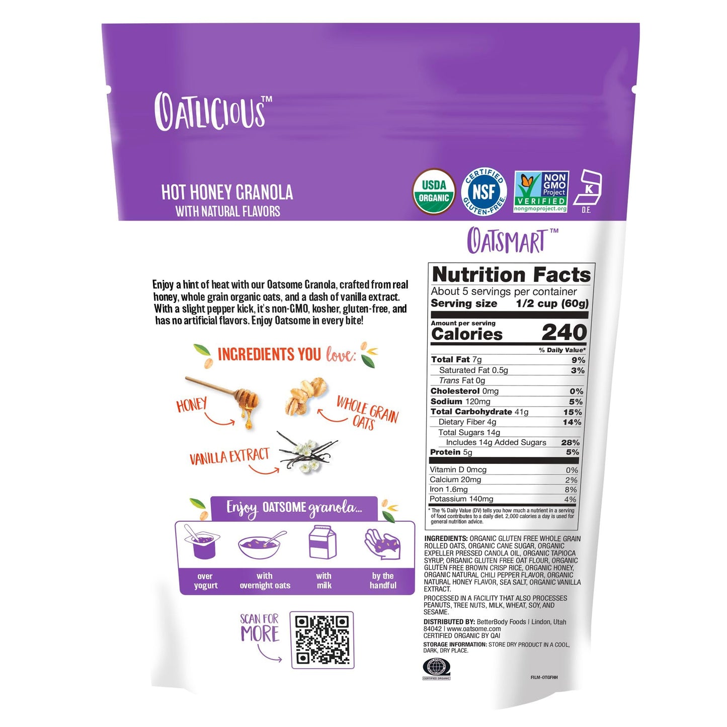 Oatsome Hot Honey Granola, 5G Protein, Gluten Free, Made With Real Honey, Whole Grain Organic Oats & Chili Pepper Flavor, For Pr