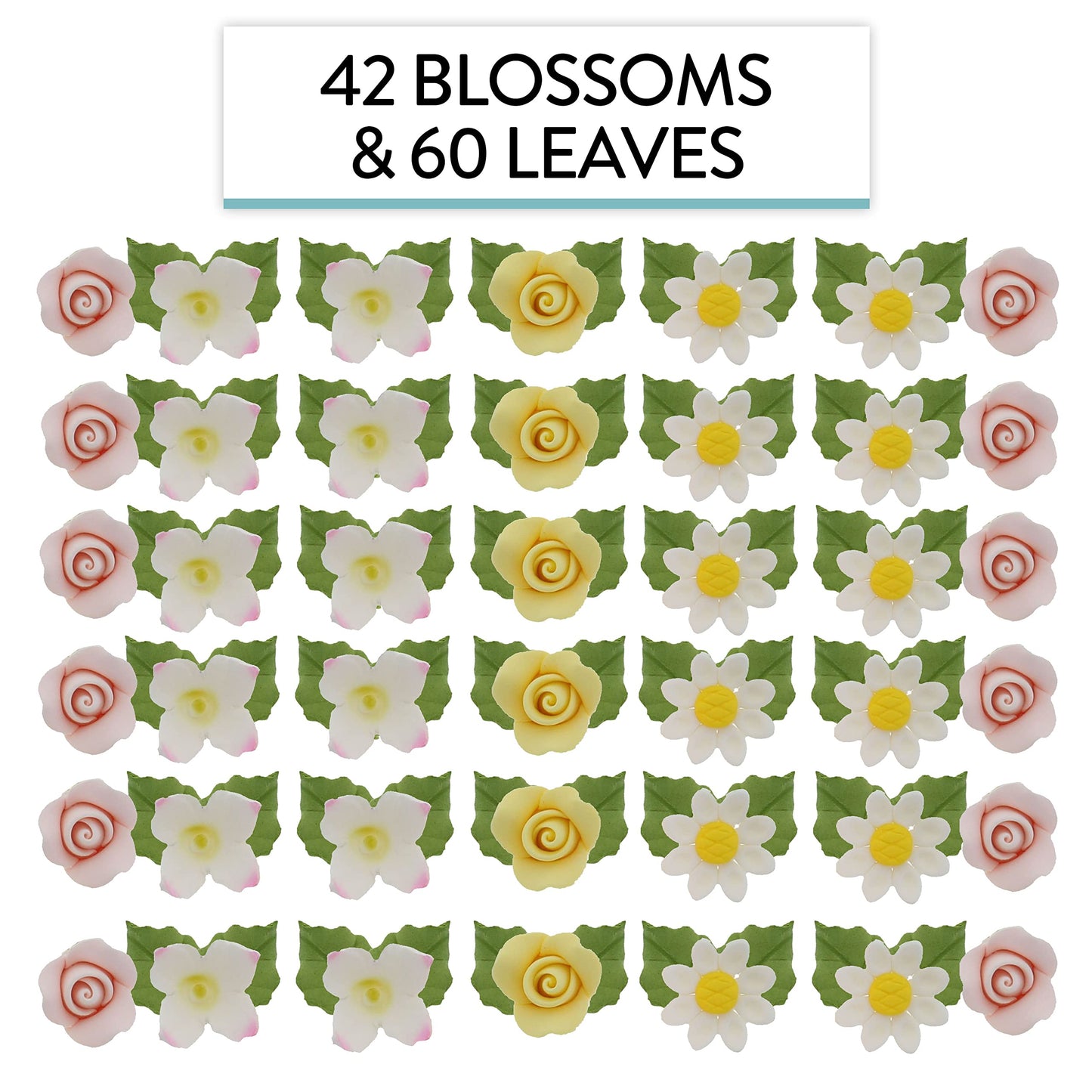 Global Sugar Art Summer Blossom, Roses And Leaves Edible Sugar Cake & Cupcake Flowers, Assorted Colors, Small Unwired, 42 Count