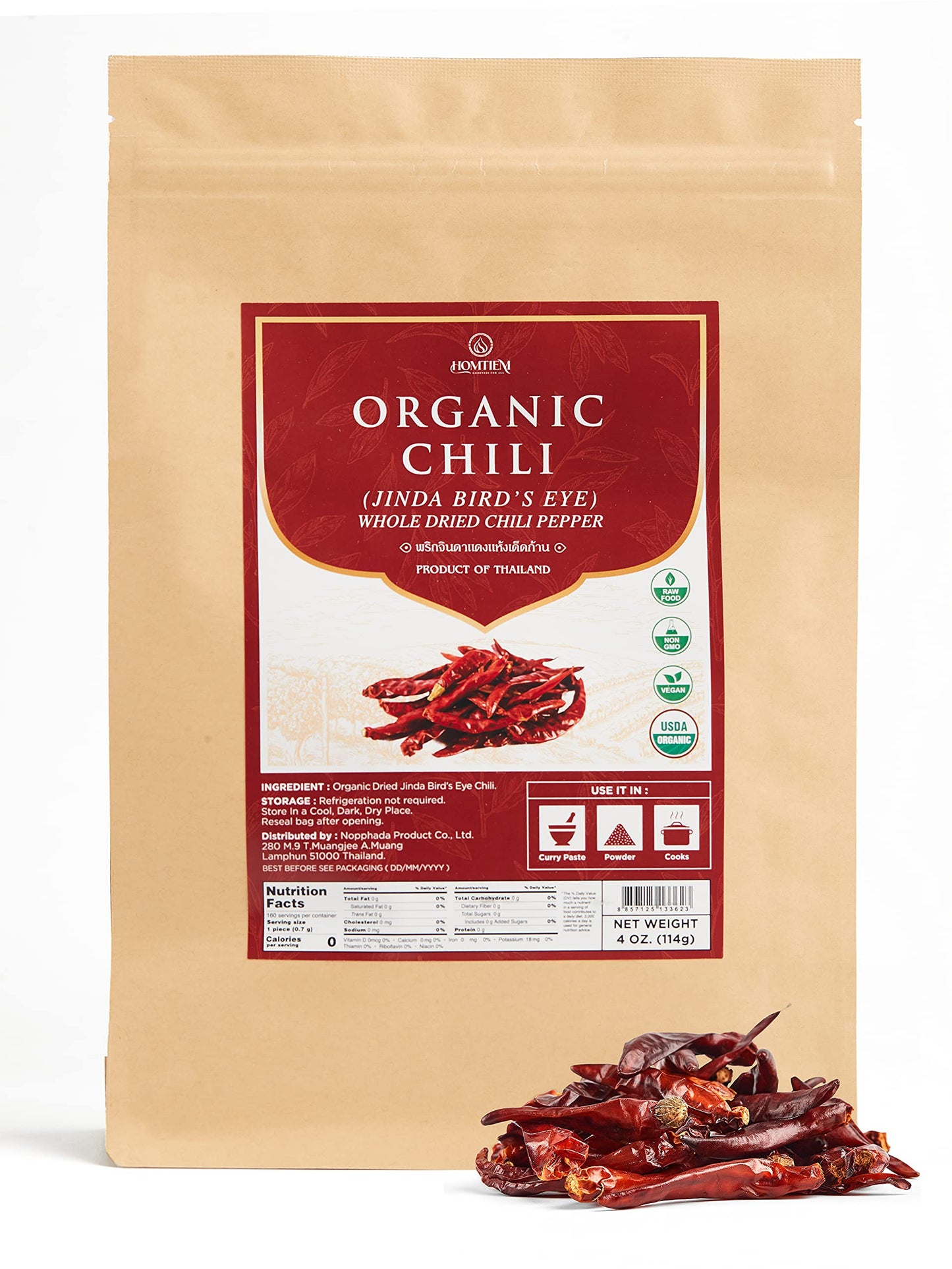 Homtiem Organic Red Jinda Dried Chili Peppers 4 Oz, The Secret Of Spiciness And Flavor, Perfect For Tom Yum Soup And Pad Thai. G