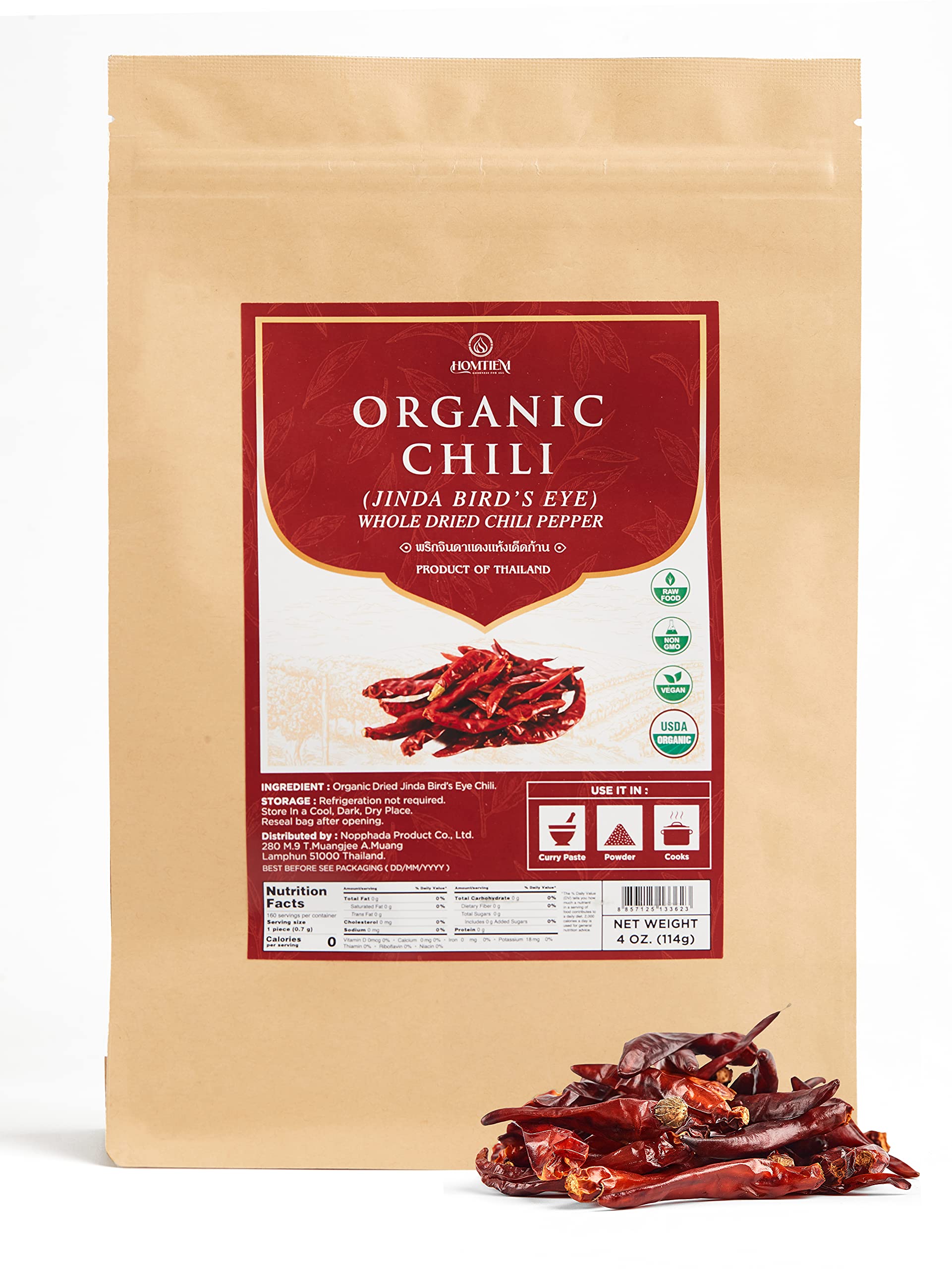 Homtiem Organic Red Jinda Dried Chili Peppers 4 Oz, The Secret Of Spiciness And Flavor, Perfect For Tom Yum Soup And Pad Thai. G