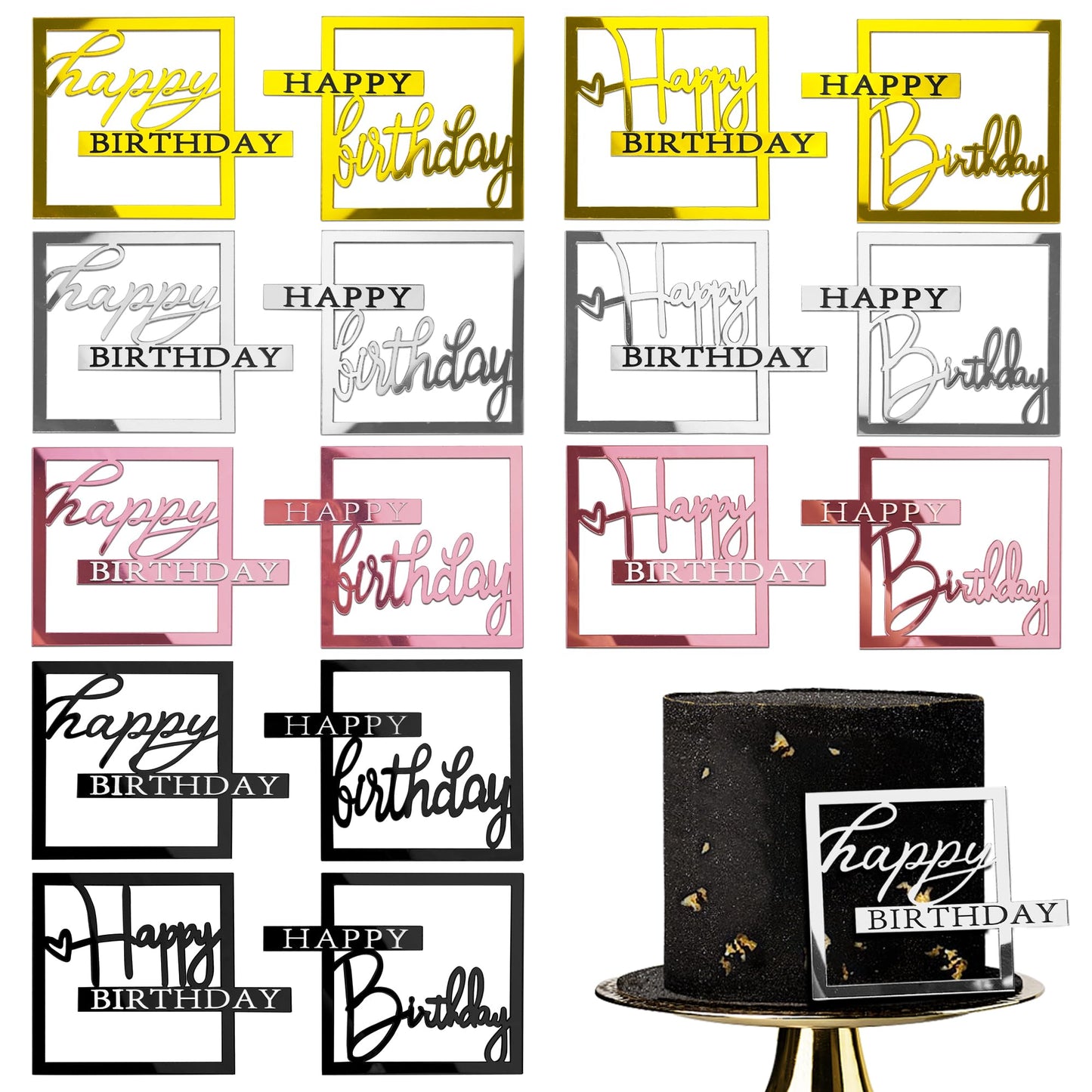 16 Pcs Happy Birthday Cake Toppers Mirror Acrylic Cake Topper Side Cake Decorations Cake Inserts Cake Decorating Supplies Cupcak