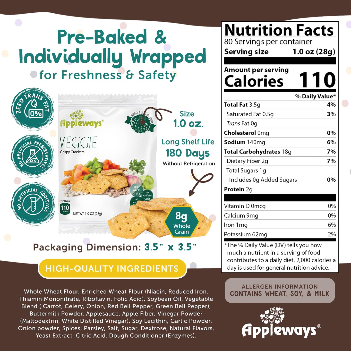 Veggie Crispy Crackers, All-Natural Individually Wrapped Whole Grain Healthy & Crispy Vegetable Crackers, Made in USA, 108 Count