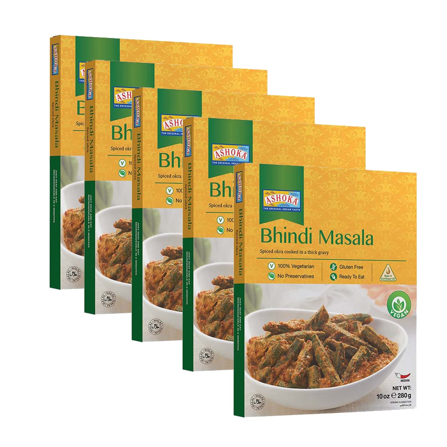 Ashoka Ready To Eat 1932, Vegan Spiced Orka, All-Natural Bhindi Masala, Real Indian Meals, Kosher Certified, Great For Offices, Healthy Work Lunch, Gluten-Free, And With No Preservatives, Pack Of 5