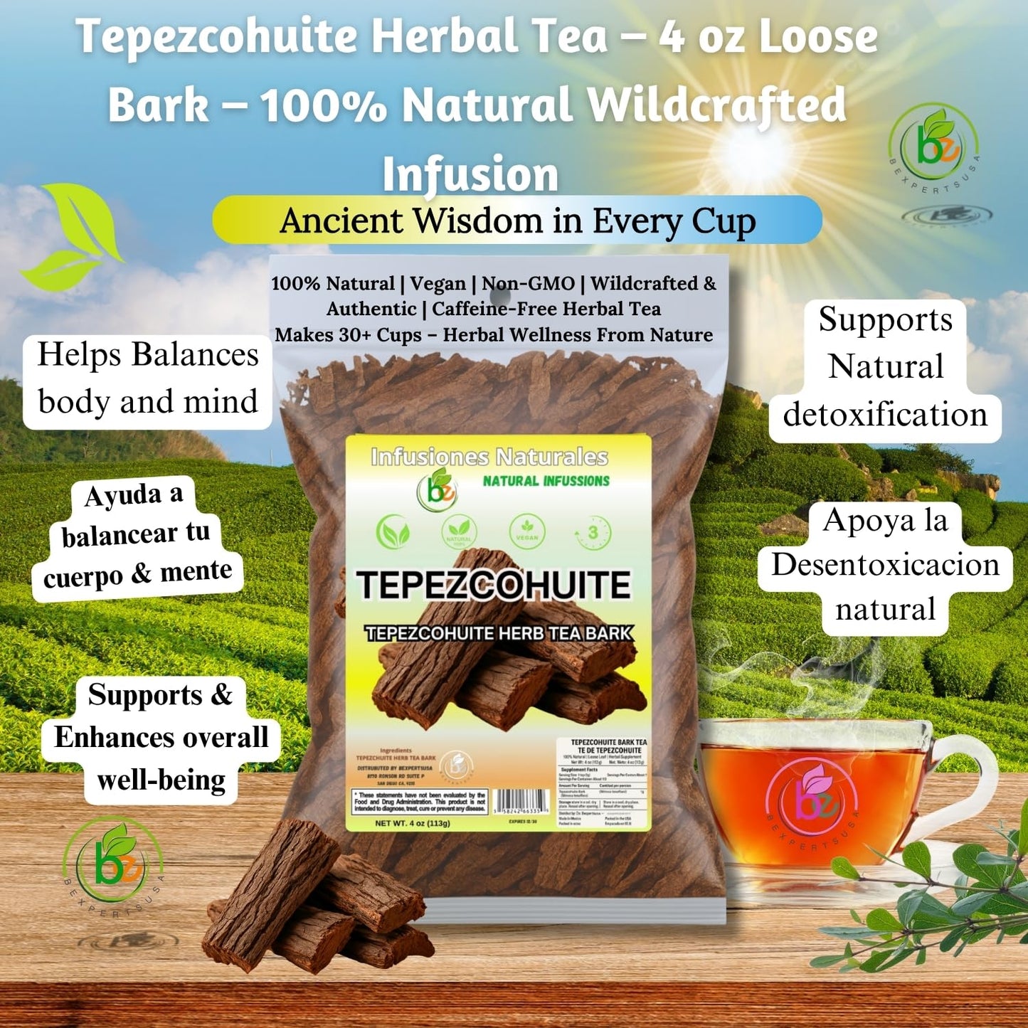 BEXPERTSUSA Tepezcohuite Herbal Tea – 100% Natural Wildcrafted Infusion – 4 oz Loose Bark – Vegan, Non-GMO, Caffeine-Free