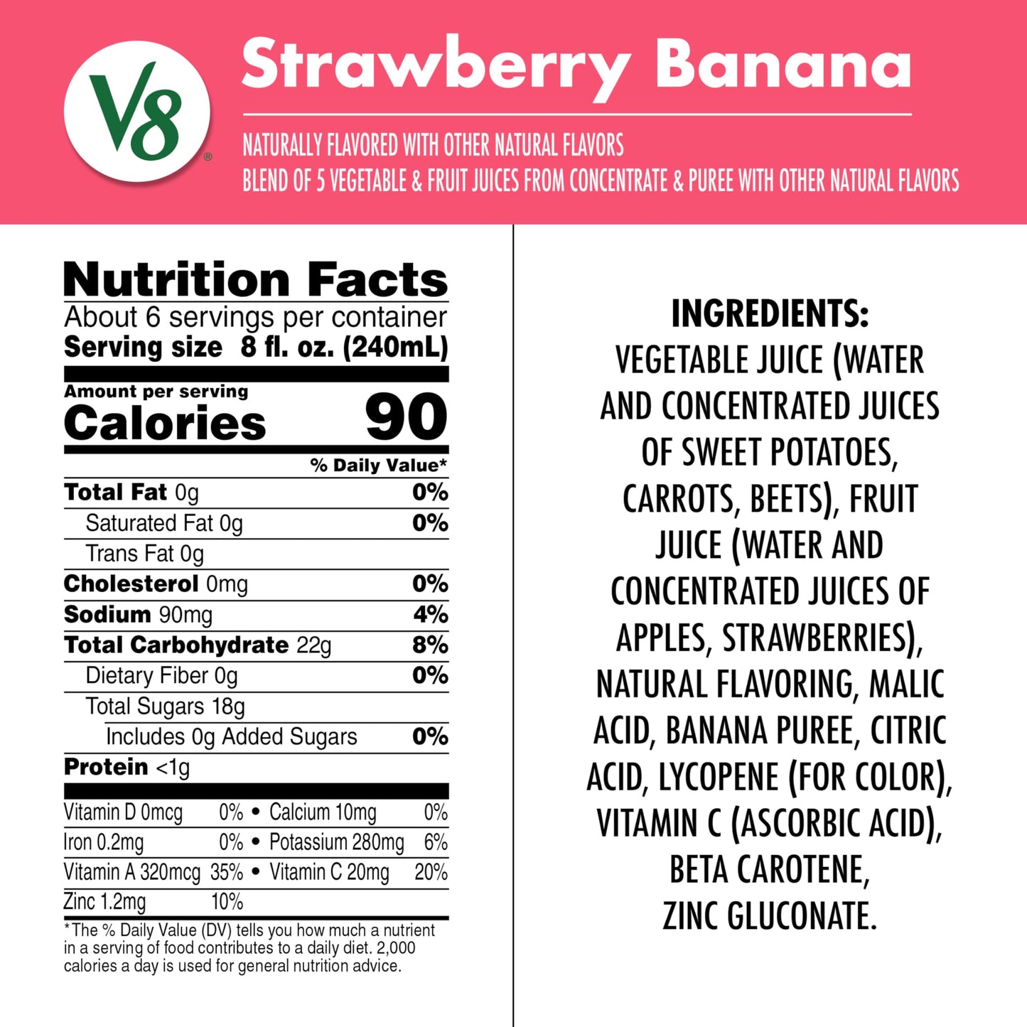 V8 Strawberry Banana Fruit and Vegetable Juice, 46 fl oz | 100% Juice | Pack of 2 | Bottle