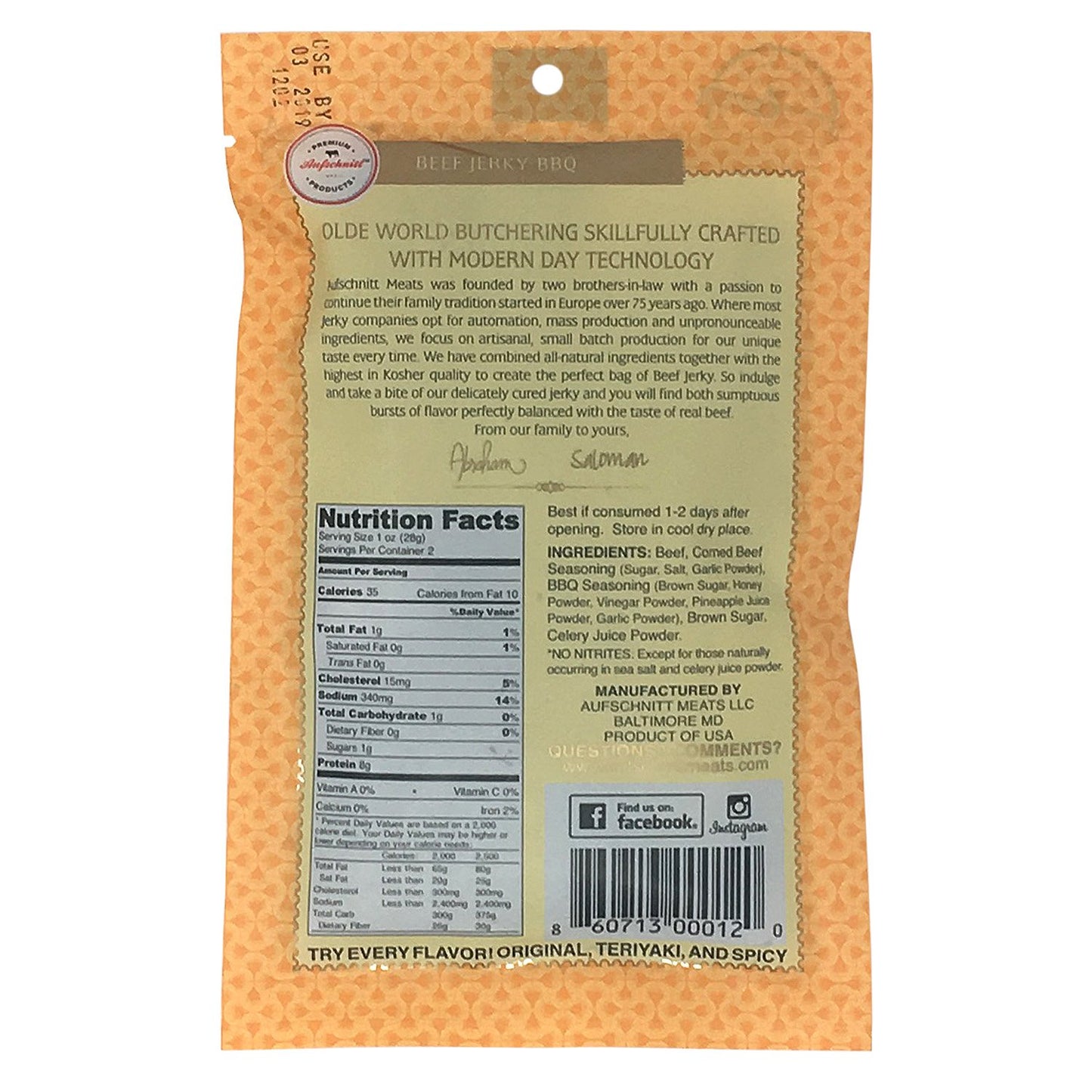 Aufschnitt Beef Jerky - Barbecue - 12 Pack (2 Oz Each) - Kosher Glatt Star-K Certification Gluten Free All Natural No Nitrites G