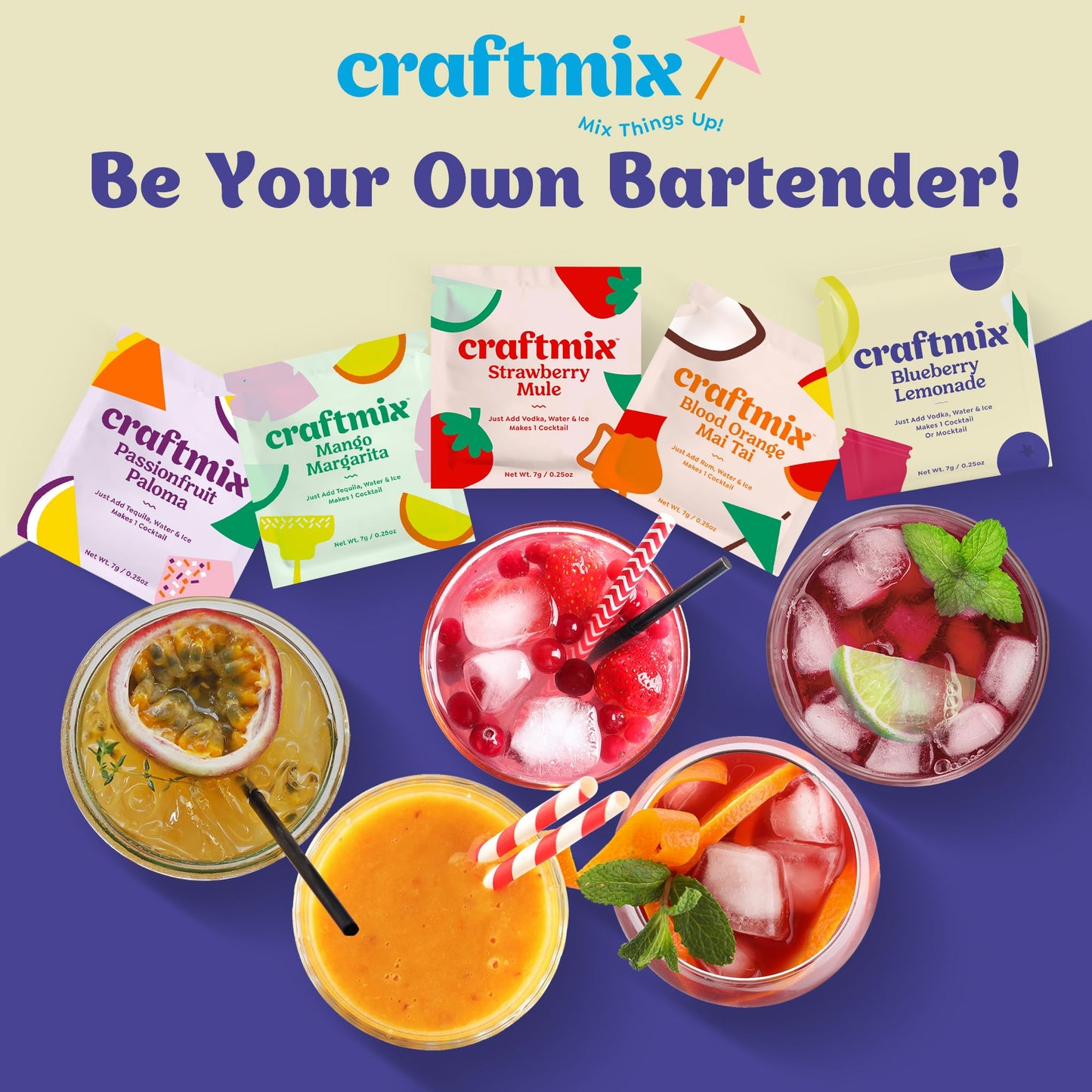 Craftmix Blueberry Lemonade Mix, 12 Packets, Easy Powder Drink With Real Fruit, Low-Sugar, Vegan, Low-Carb, Non-Gmo, Dairy-Free, Gluten-Free, Flavored Water Enhancer, On-The-Go Water Flavoring Packets