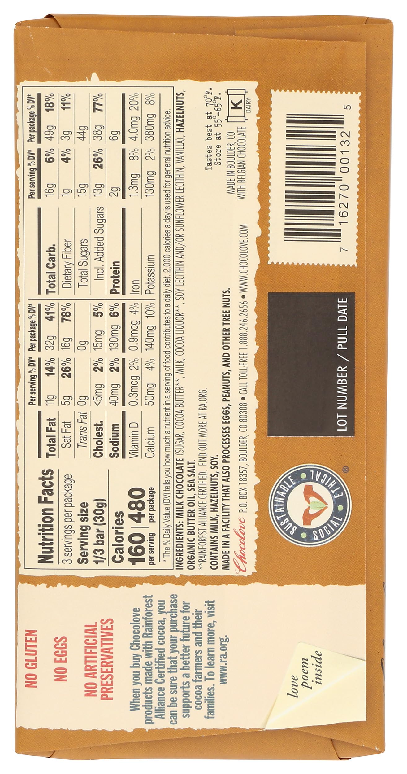 Chocolove XOXO Hazelnuts in Milk Chocolate Bar - 3.2 oz Bar