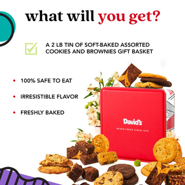 Davids Cookies Gourmet Assorted Cookies and Brownies Gift Basket - 12 x 1.5oz fresh baked cookies and 10 x 2oz individually wrap