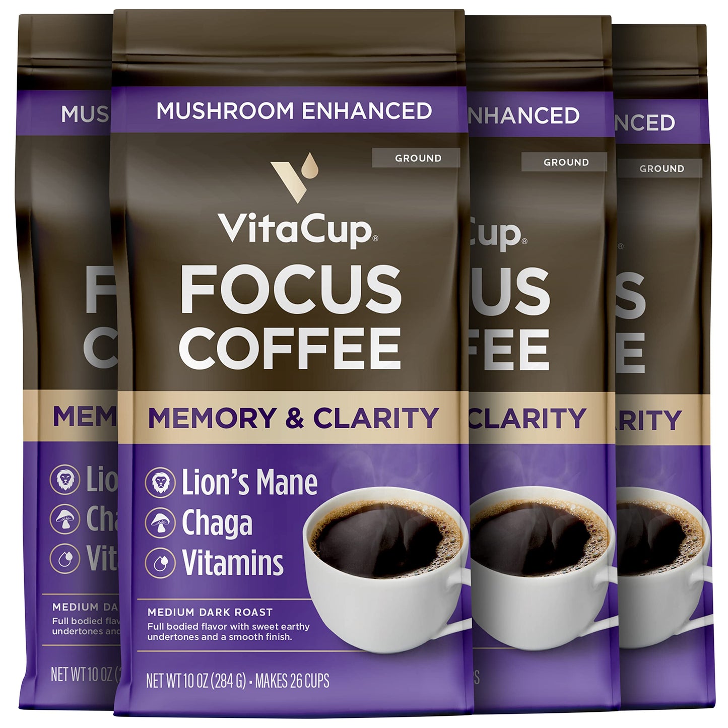 VitaCup Focus Ground Mushroom Coffee, Medium Dark Roast, 100% Arabica, 4 Bags, 10oz Each, Boosts Focus & Immunity