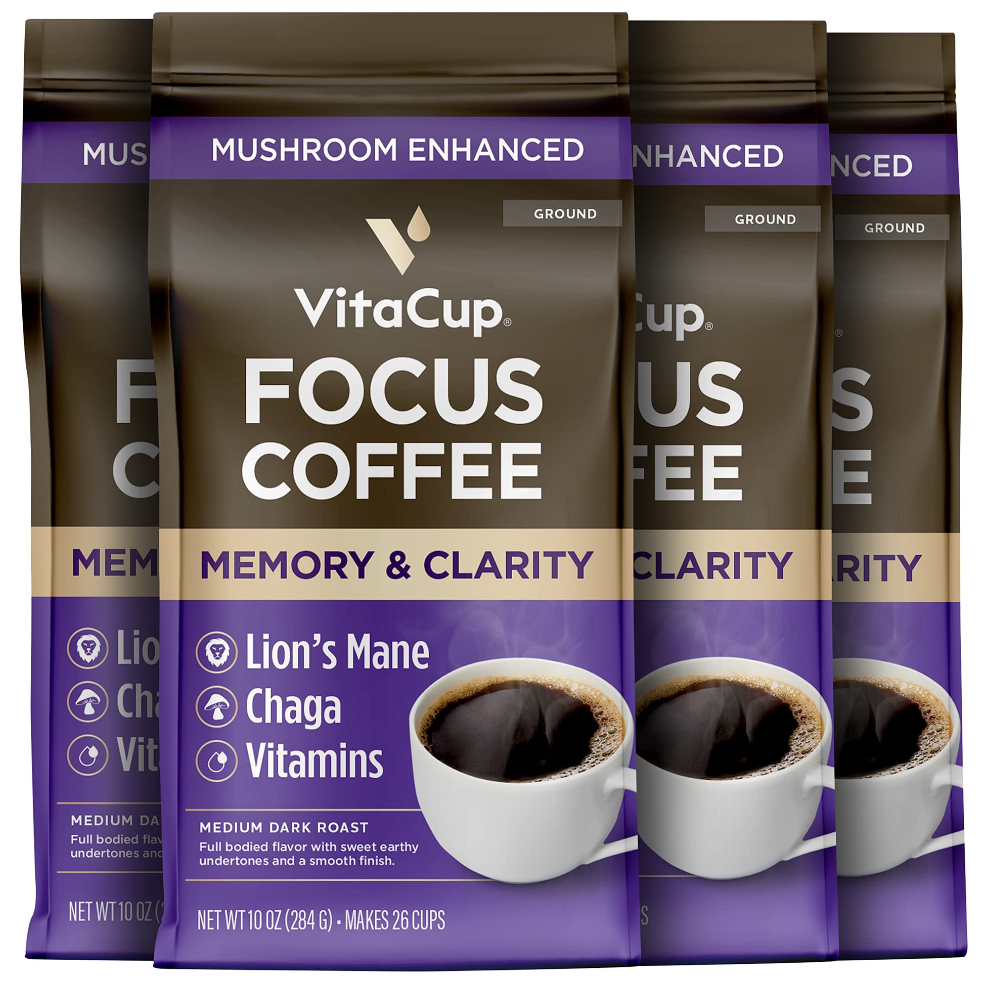 VitaCup Focus Ground Mushroom Coffee, Medium Dark Roast, 100% Arabica, 4 Bags, 10oz Each, Boosts Focus & Immunity