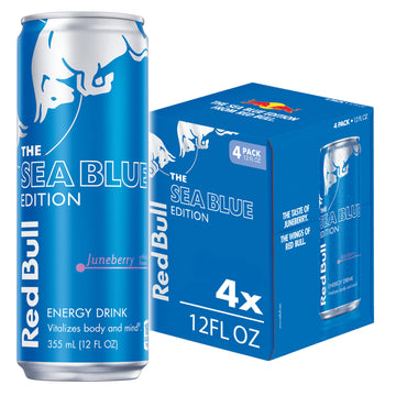 Red Bull Energy Drink, Sea Blue Edition, Juneberry, 114mg Caffeine, 12 Fl Oz, Pack of 4 Cans, Model RB242557