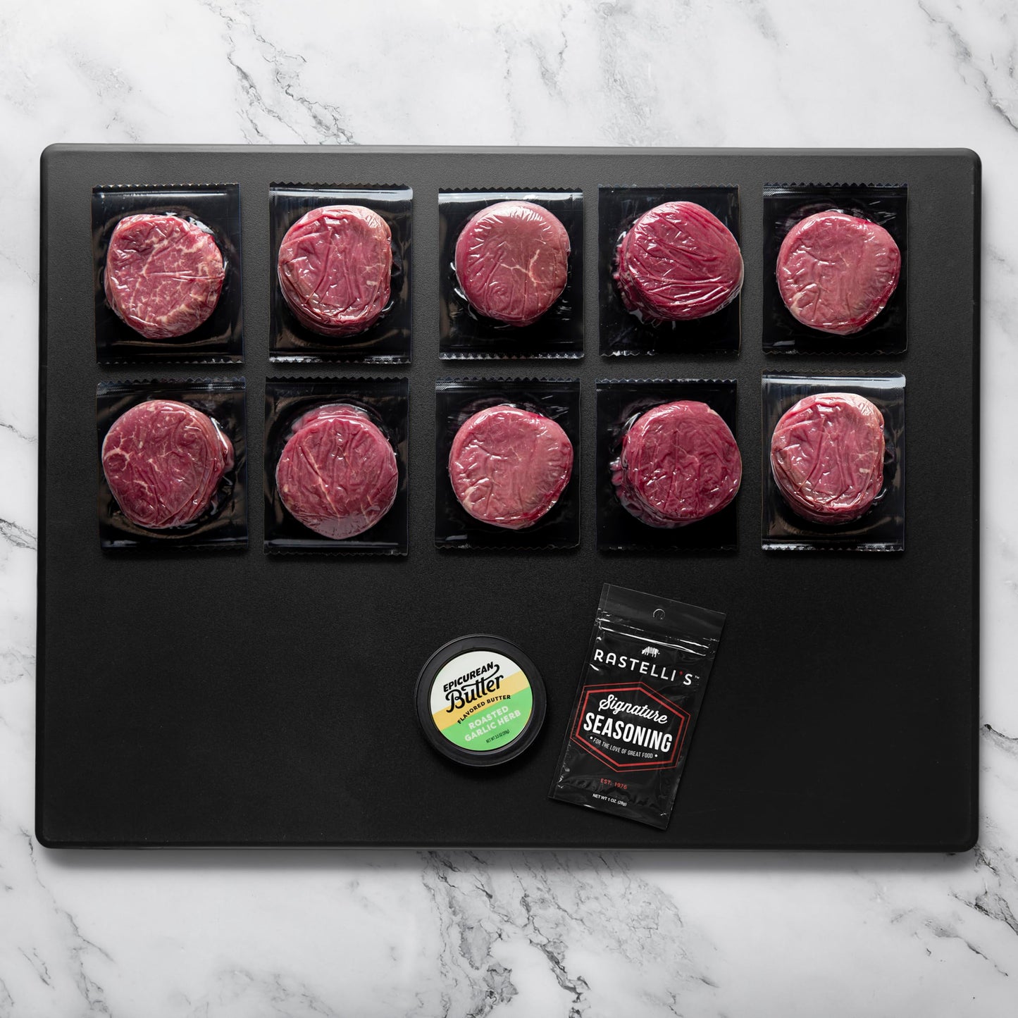 Rastellis Black Angus Beef Filet Mignon Steaks (10 ct) 5 oz Portions  With Butter  3.125 lbs. Total