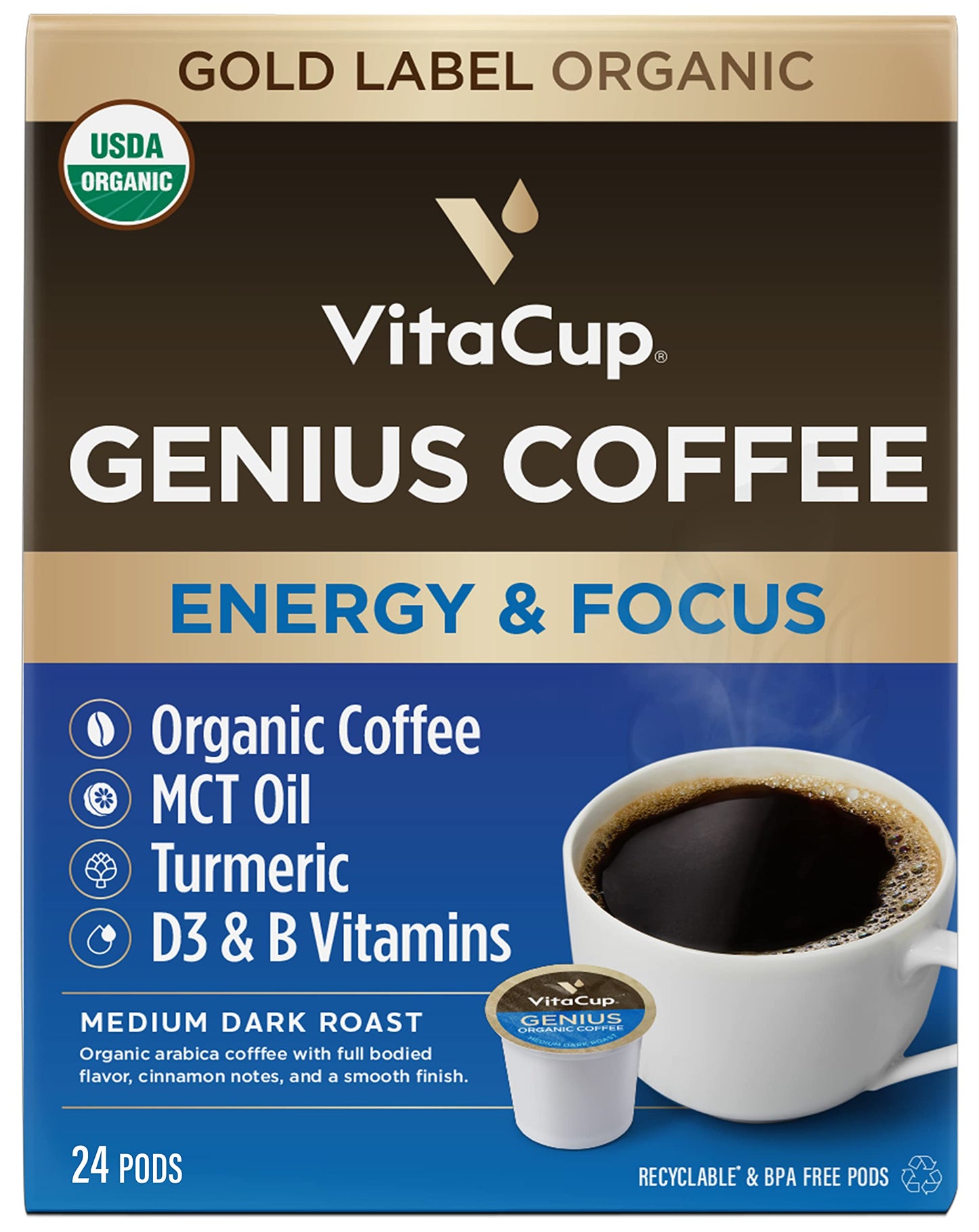 VitaCup Organic Keto Coffee Pods, MCT Oil & Turmeric, Medium Dark Roast, 24 Count, Compatible with Keurig K-Cup Brewers