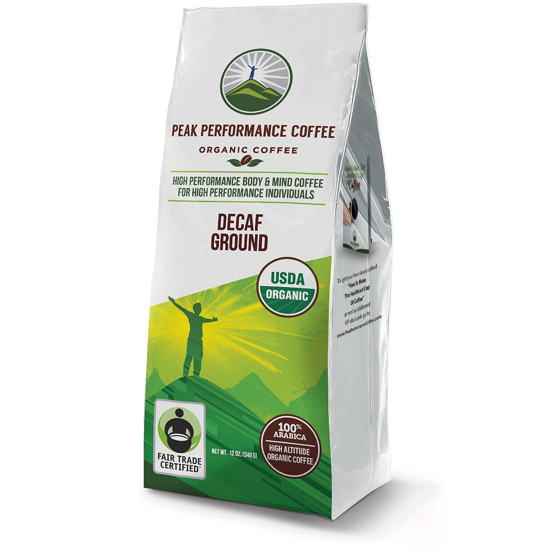 Peak Performance Organic Decaf Coffee - Medium Roast, 12 Ounce, Low Acid, Fair Trade, Non-GMO, Green