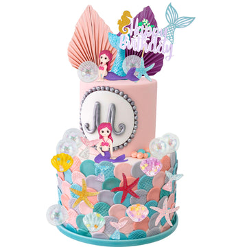 Gyufise 27Pcs Mermaid Under The Sea Cake Toppers Kit Little Resin 3D Mermaid Palm Leaves Bubble Starfish Shell Mermaid Tail Cupc