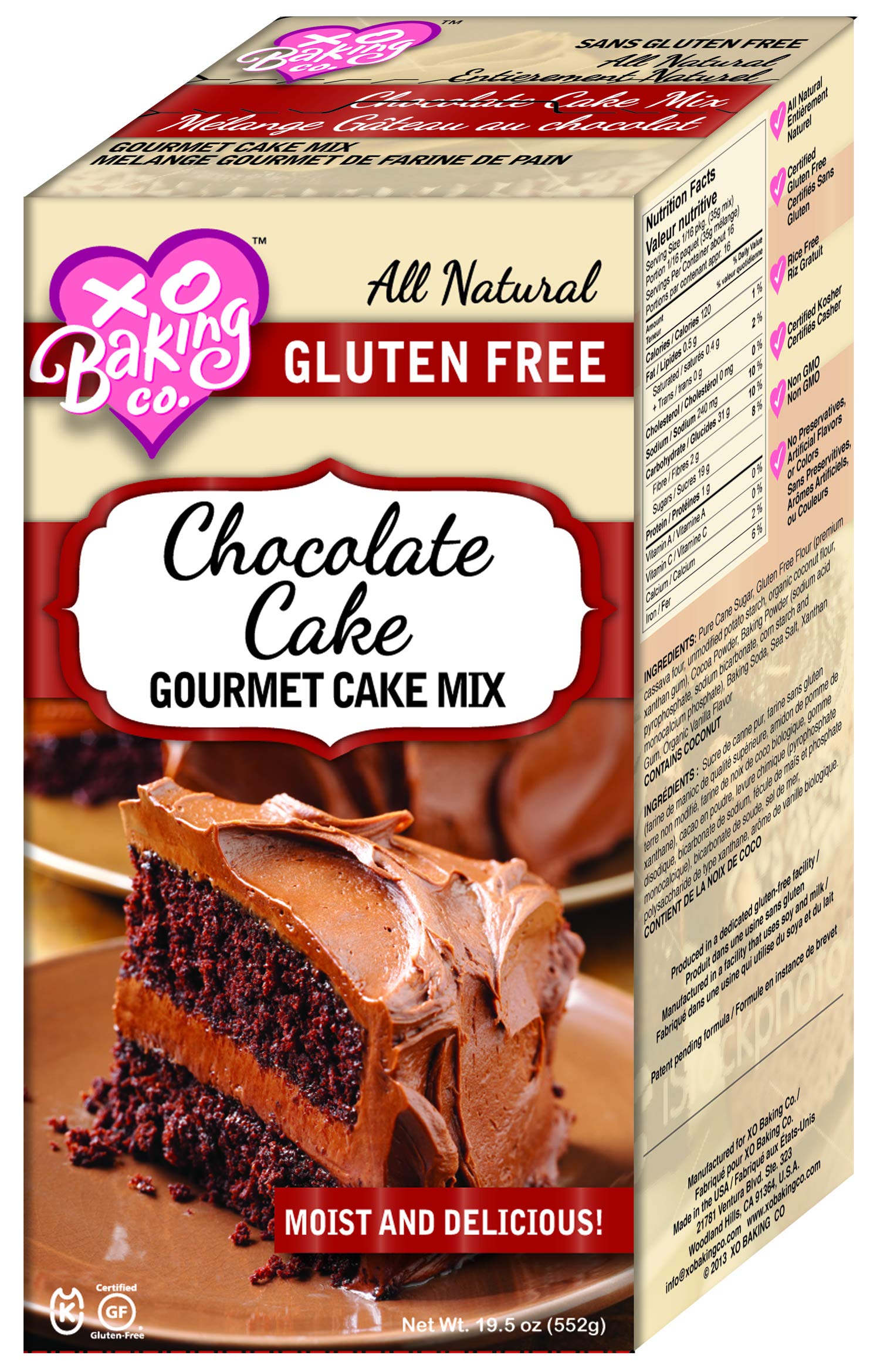 Xo Baking Co. Gluten Free Chocolate Cake Gourmet Cake Mix; Non-Gmo; Kosher; Rice Free; Soy Free; Dairy Free; Peanut Free; No Pre