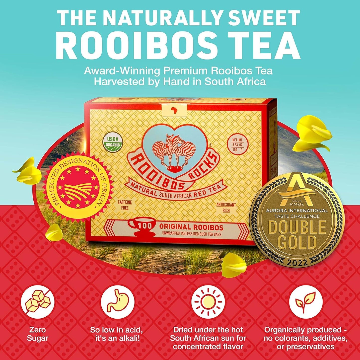 ROOIBOS ROCKS Organic Red Rooibos Tea Bags - Caffeine Free, Low Tannin, 100 Count, Earthy Red