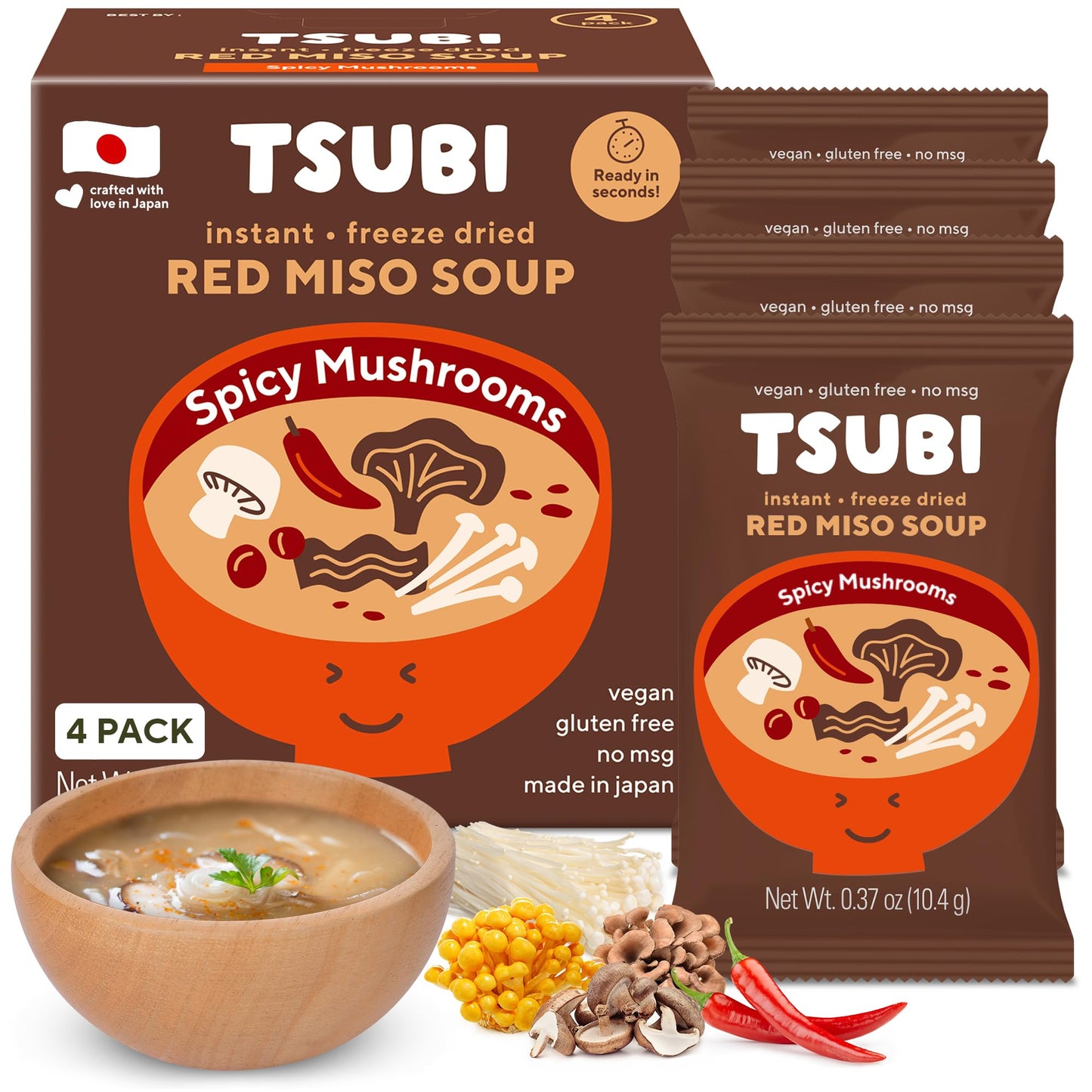Tsubi Soup Freeze-Dried Japanese Miso Soup Packets, Vegan, Gluten-Free, Spicy Mushroom, 4 Packs, Instant, Easy Mix
