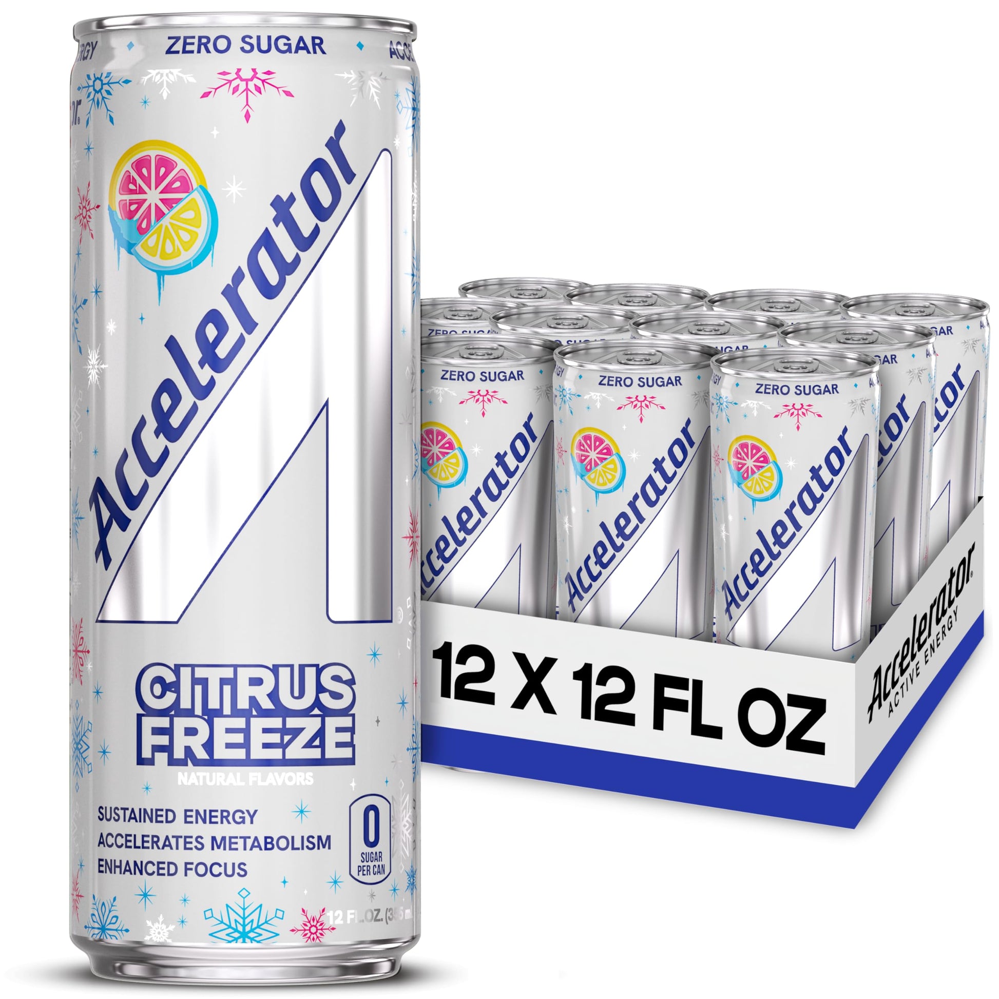 Accelerator Energy Drink  Citrus Freeze 12Oz Can (12 Pack)  Zero Sugar  Sustained Energy From 100% Natural Energy Blend (200Mg From Green Coffee Bean & Green Tea Extract)
