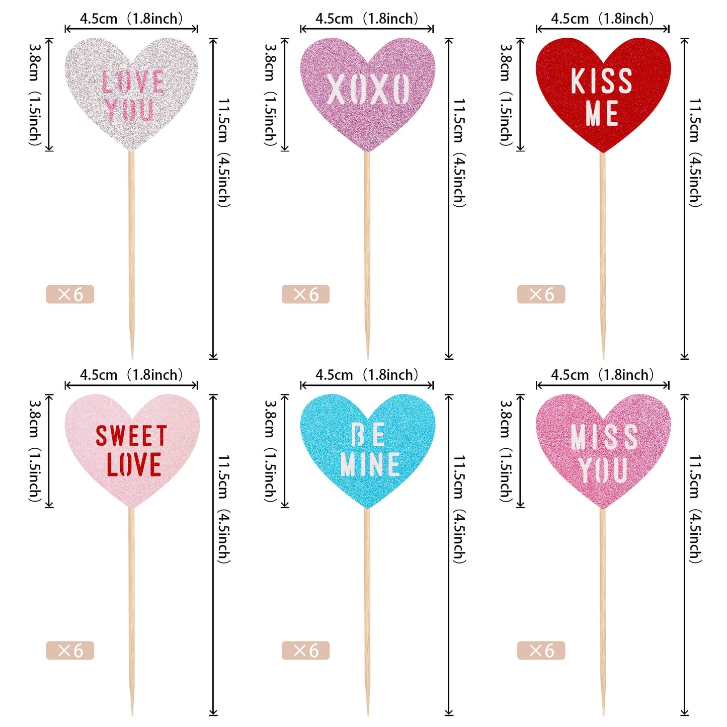 24 Pcs Valentine'S Day Heart Cupcake Toppers Glitter Double Layers Xoxo Sweet Love Be Mine Kiss Me Miss You Cupcake Picks Decora