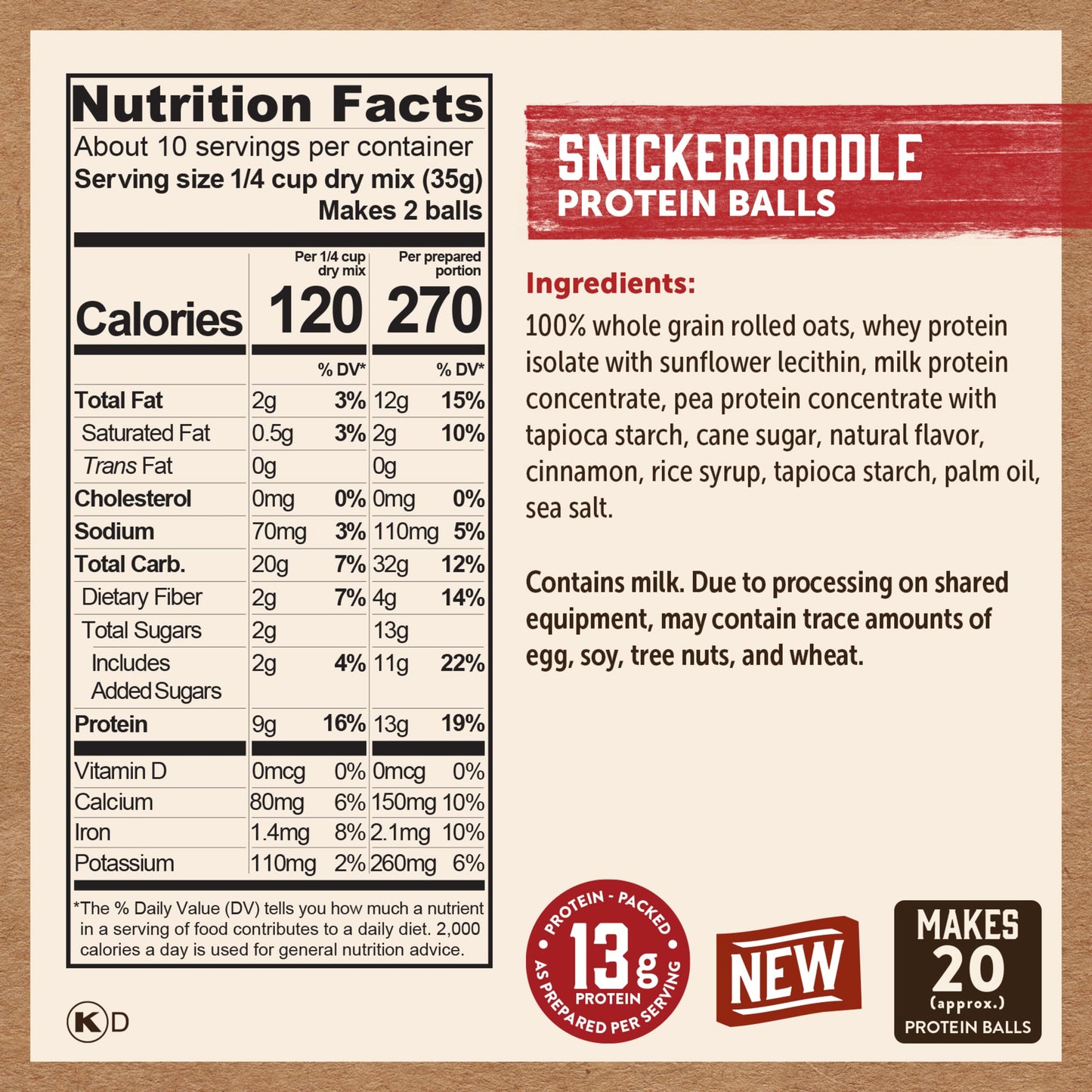Kodiak Cakes Oatmeal Protein Ball Mix  Snickerdoodle  High Protein  100% Whole Grains  (Pack of 6)