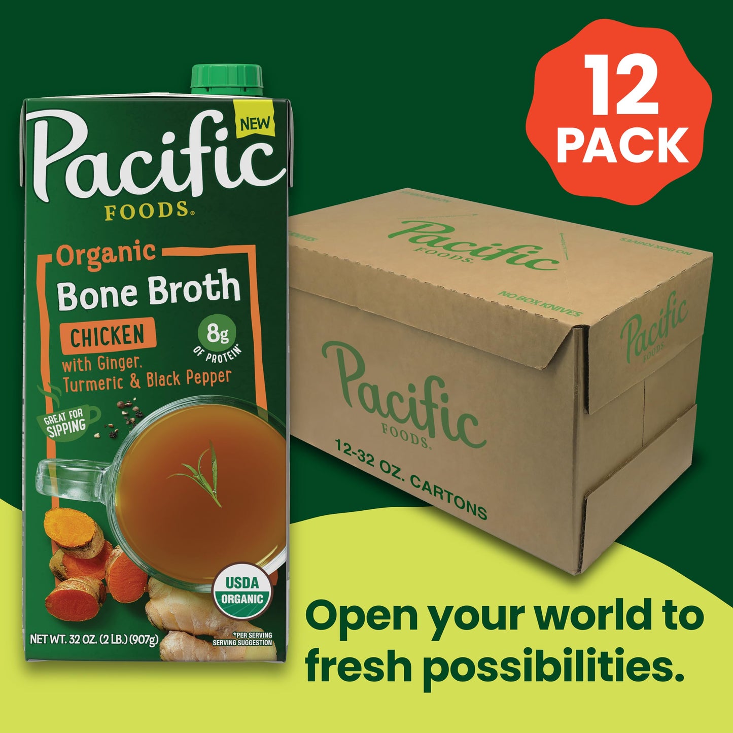 Pacific Foods Organic Chicken Bone Broth With Ginger, Turmeric, And Black Pepper, 32 Oz Carton (12 Pack)