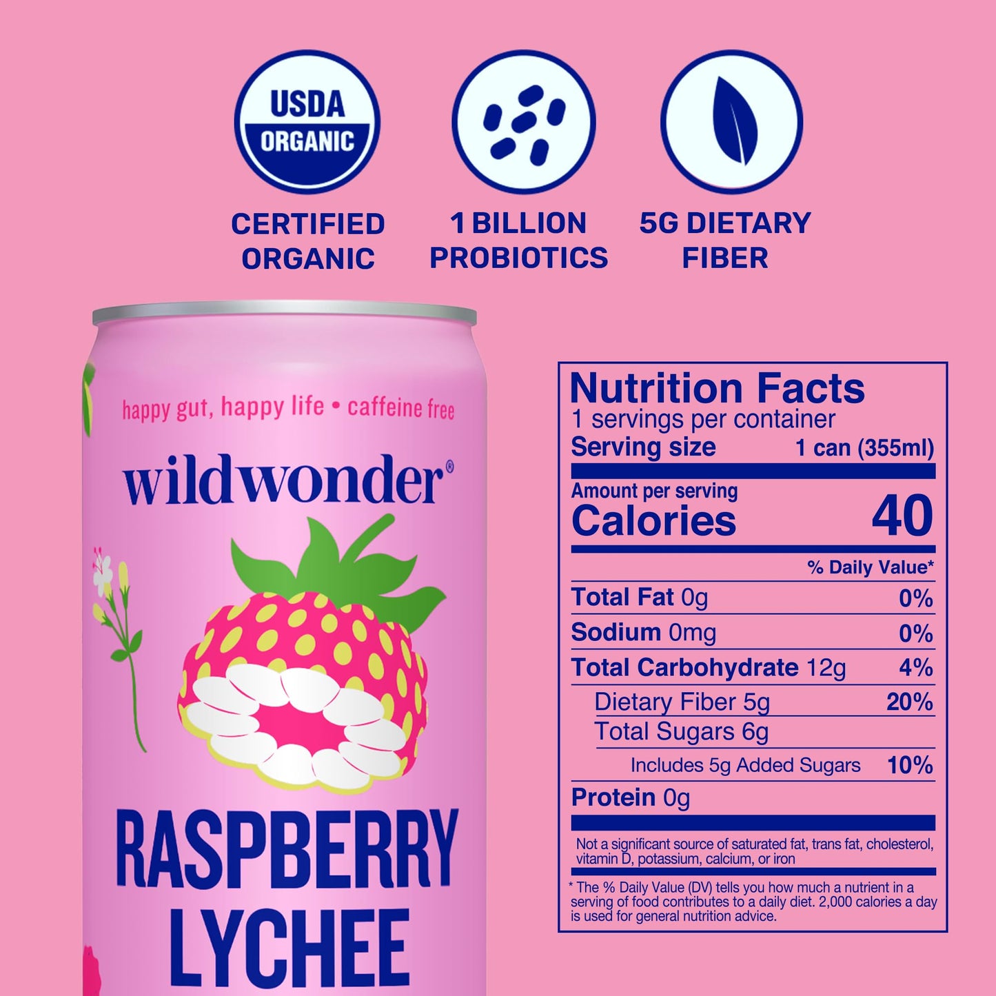 Wildwonder Sparkling Probiotic Drink, Raspberry Lychee, 12oz Can, 12 Pack, Organic, Vegan, Low Sugar